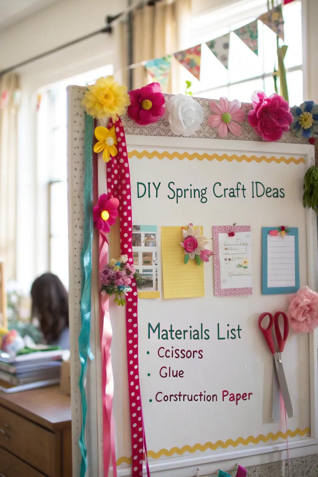 A bulletin board displaying spring creative project inspirations and instructions.