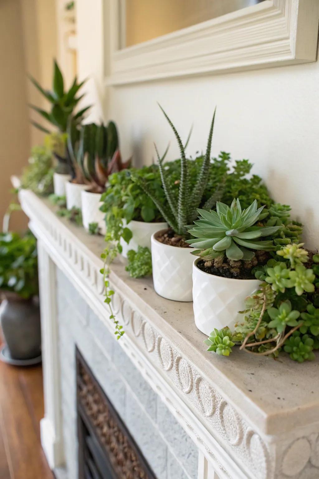 A diminutive garden appends a vivacious and verdant nuance to your mantel.