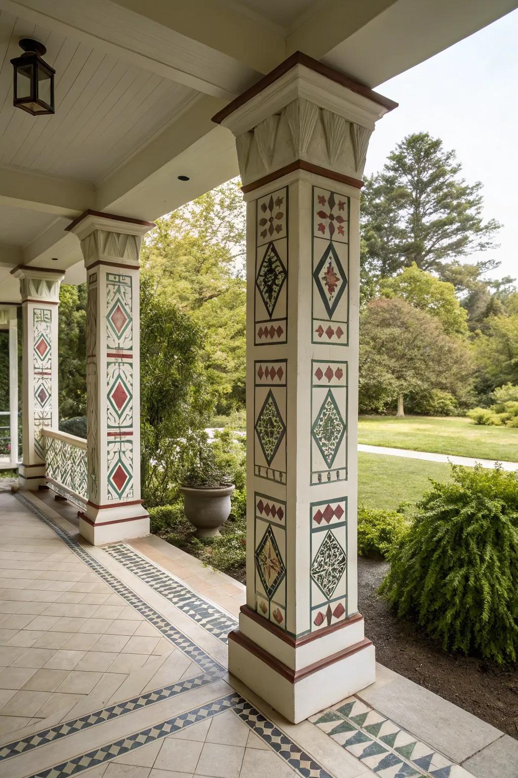 Geometric patterns on upright posts add modern artistic flair.
