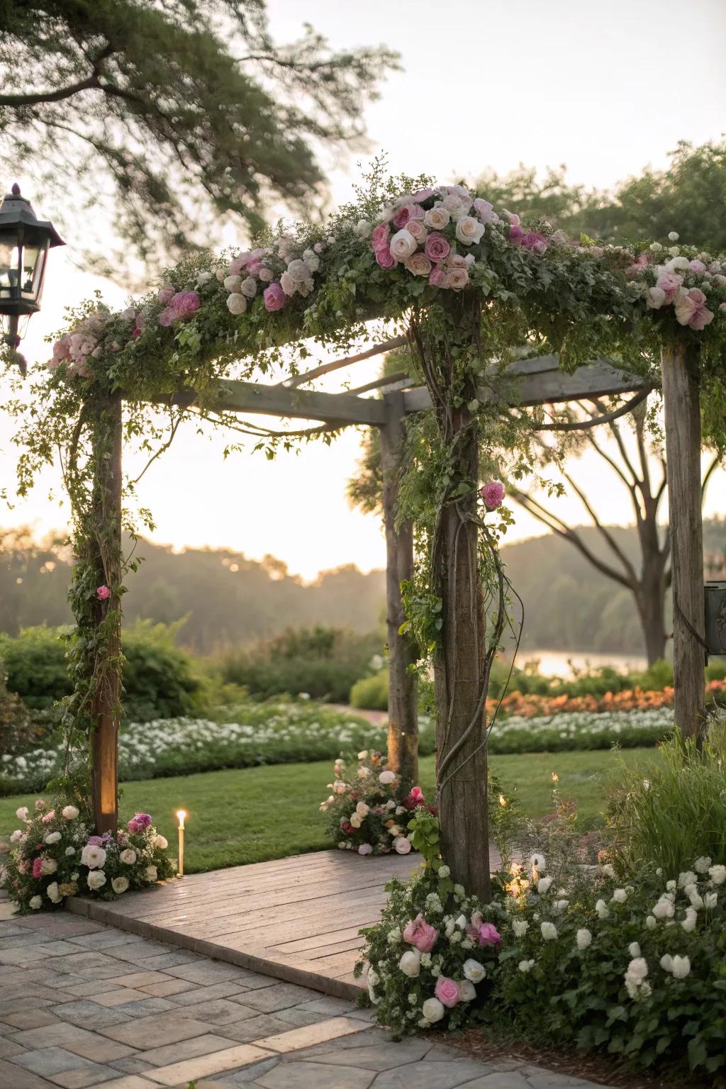 A garden gathering square arch featuring lush greenery.