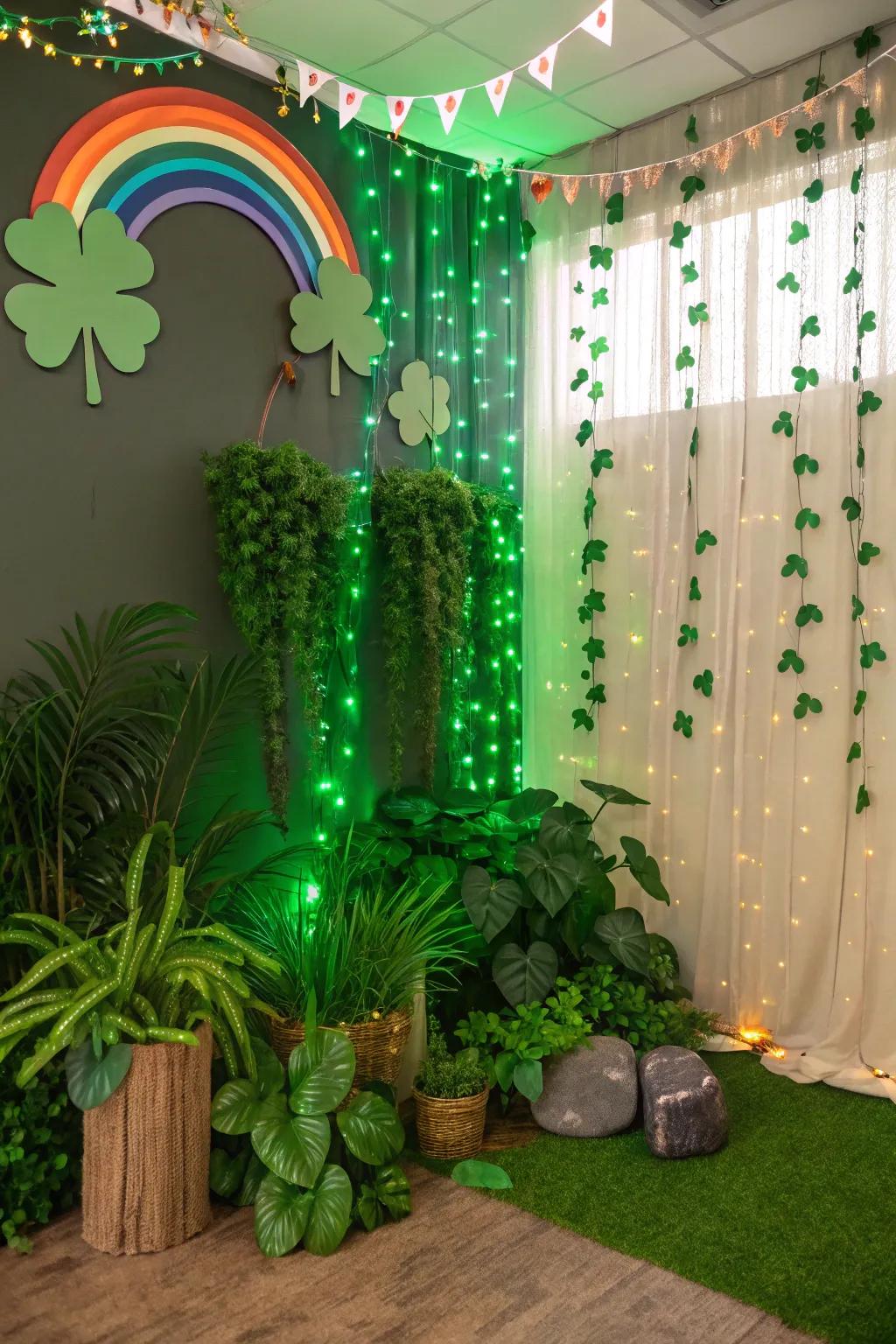 A magical scene with greenery and twinkling lights.
