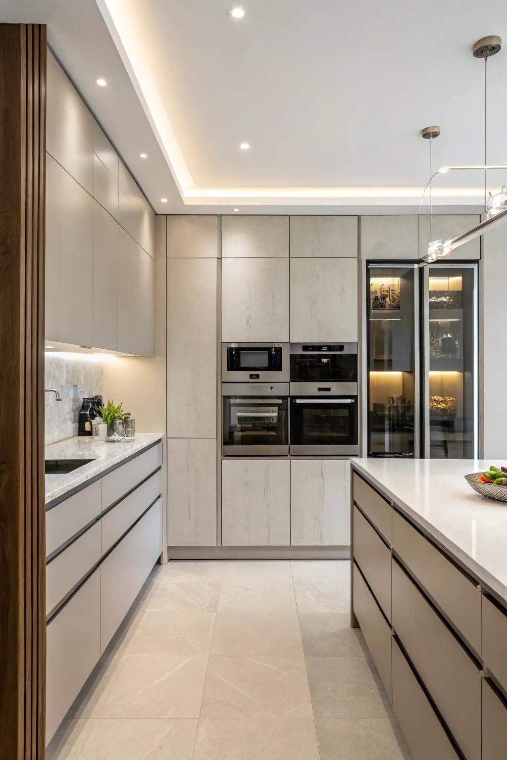 Concealed appliances preserve the kitchen’s design, keeping it neat and continuous.