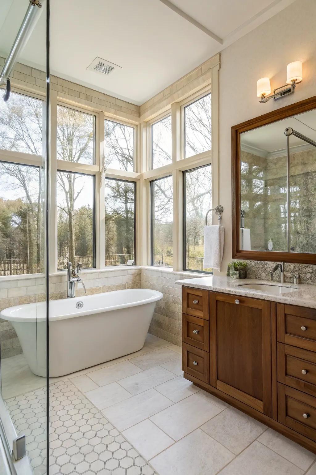 Daylight fills the bathroom, making a bright and open mood.