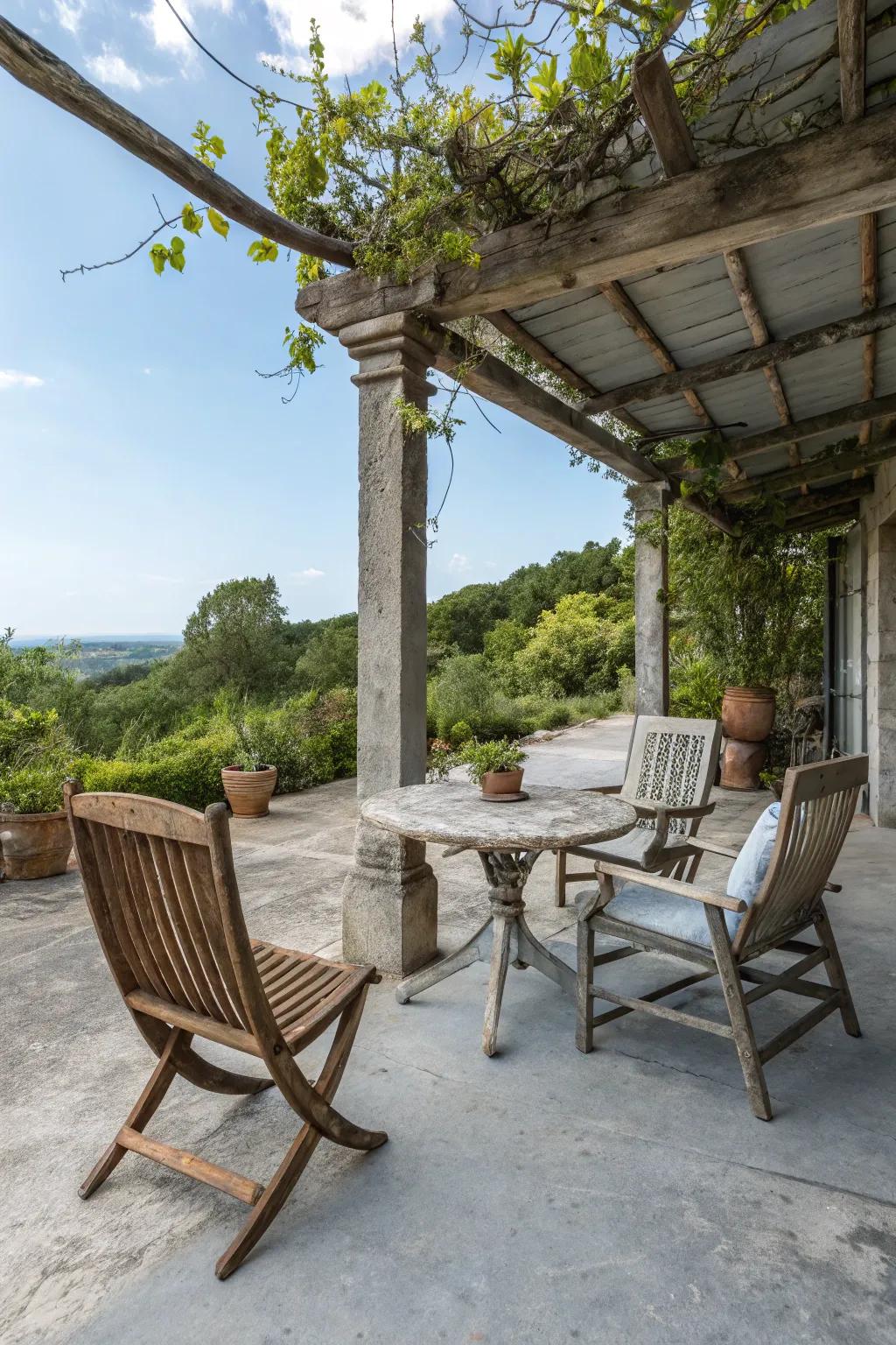 A rustic patio with weathered gray concrete stains.