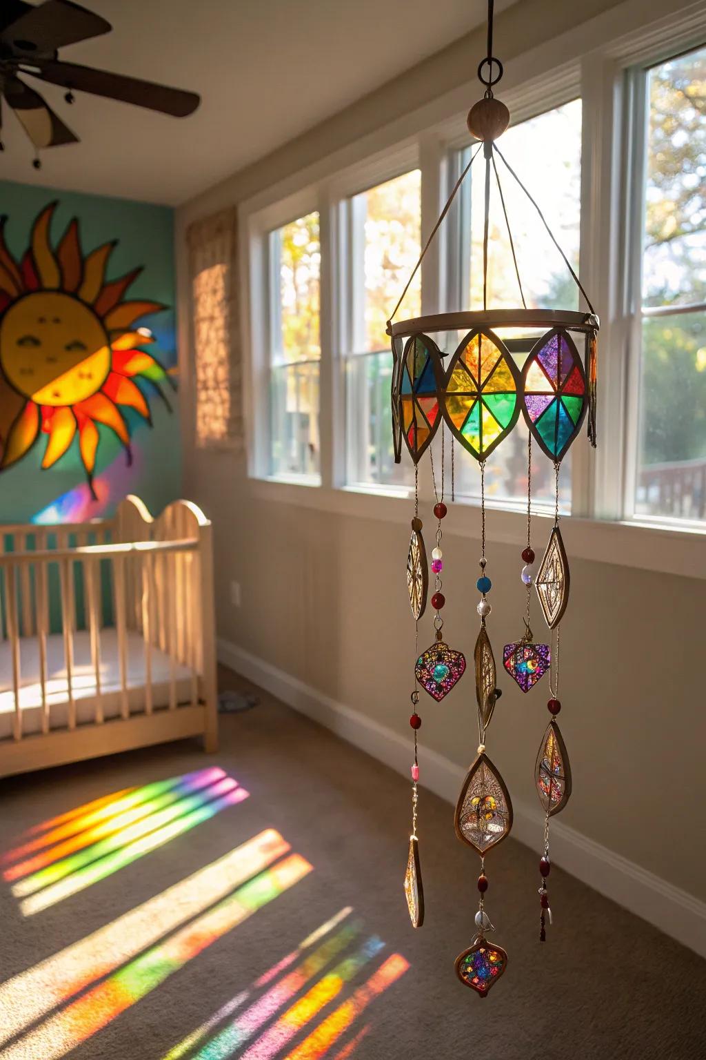 A stained glass carousel fashions a magical atmosphere in a nursery.