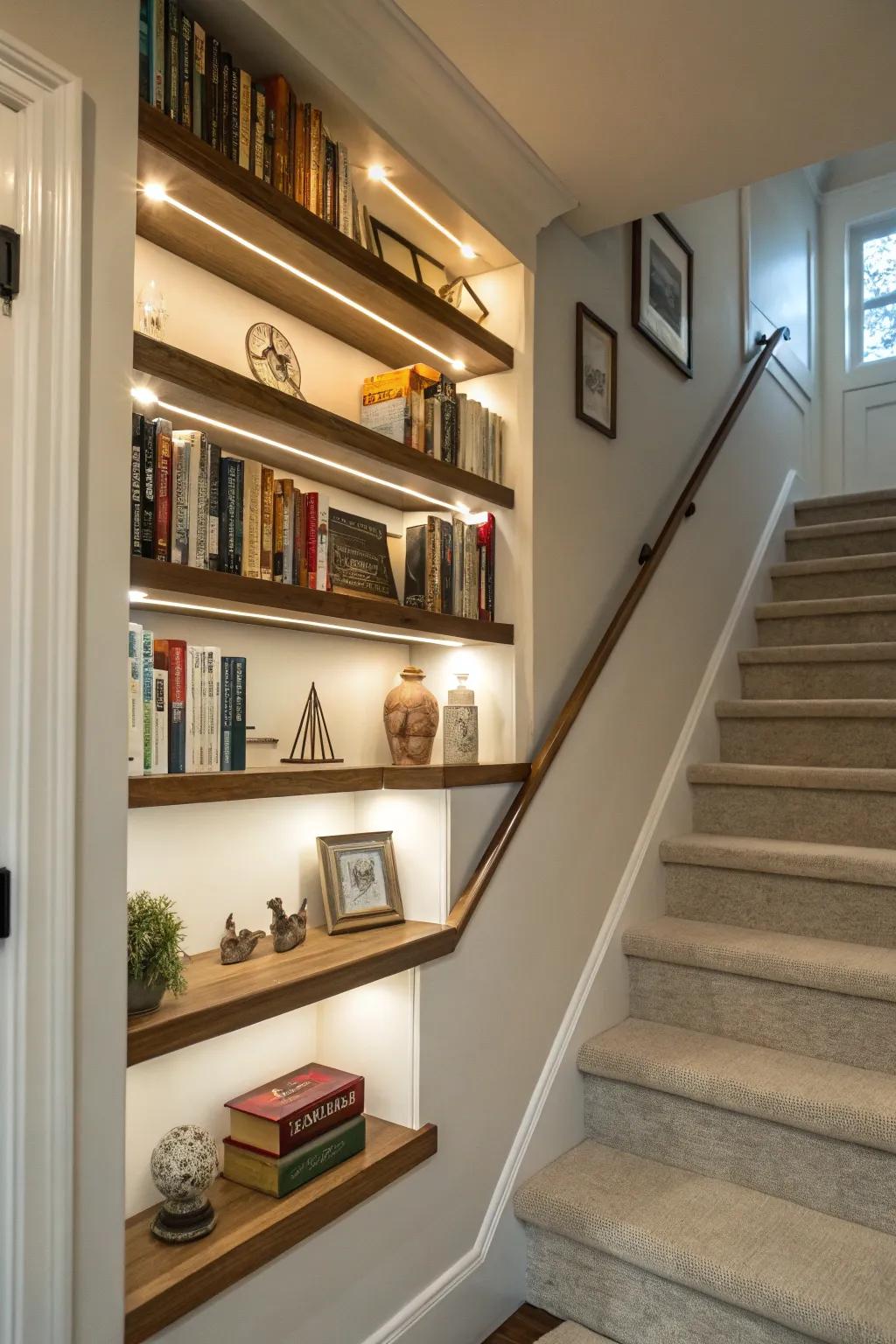 Stylish display options are available on your stair landing thanks to floating shelves.