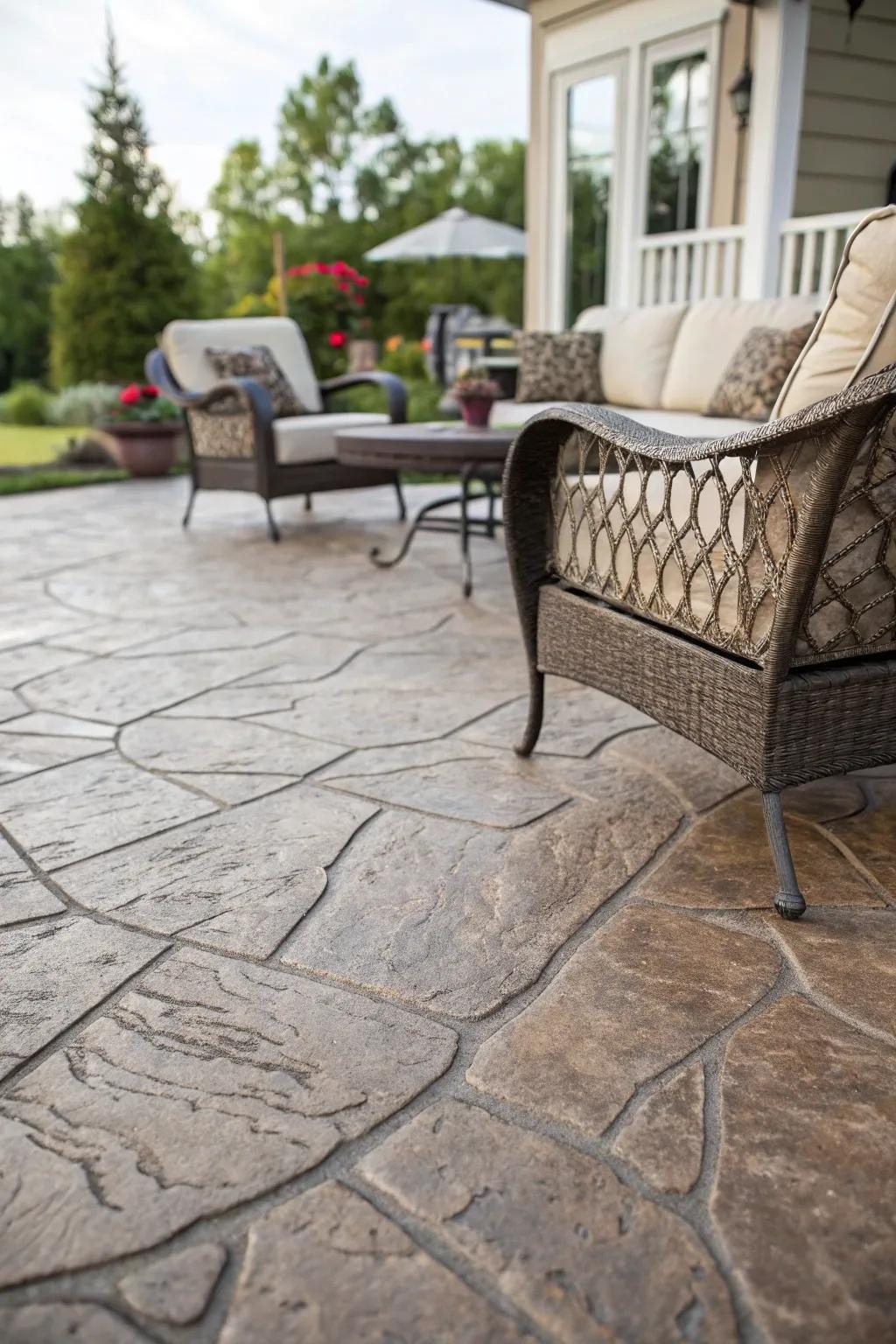 Stamped concrete mimics natural stone for a luxurious effect.