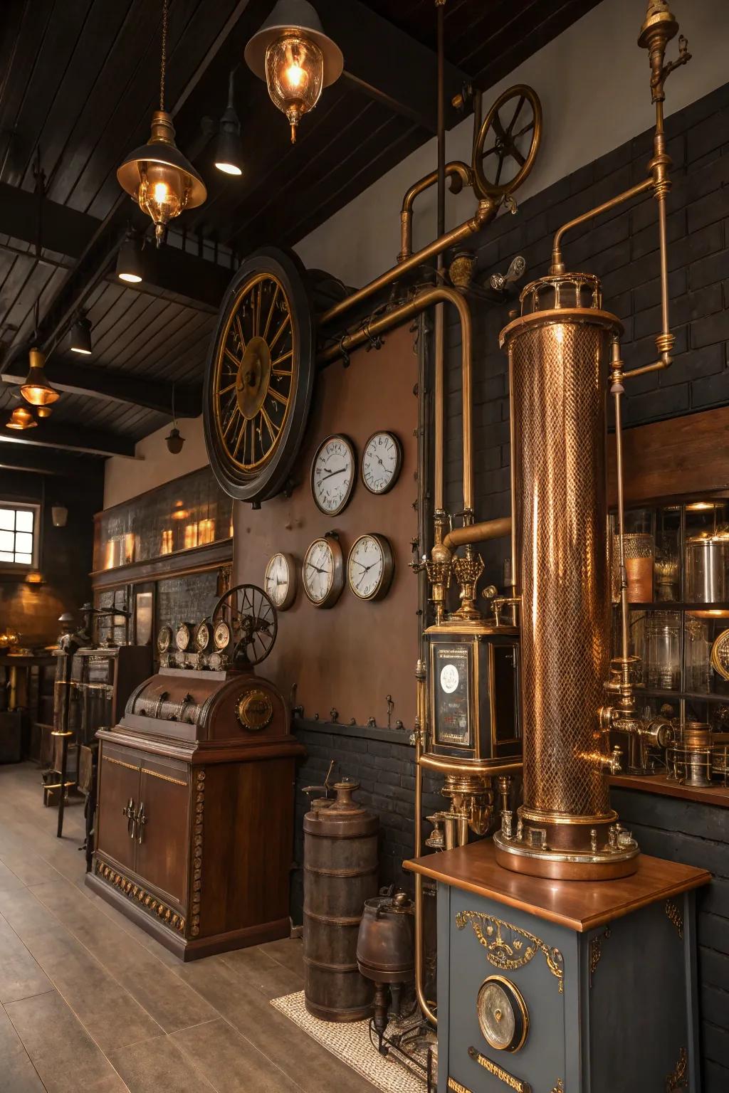 Bronze and brass accents improve the luxurious sensation of this steampunk room.