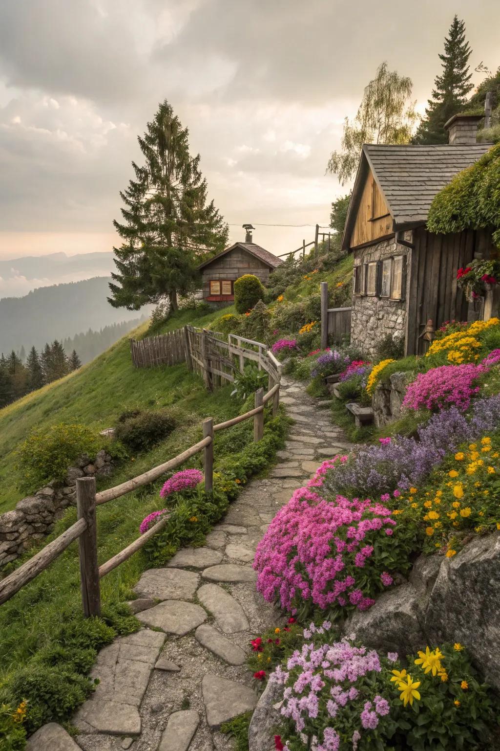 Cottage gardens infuse hillside landscapes with whimsy and charm.
