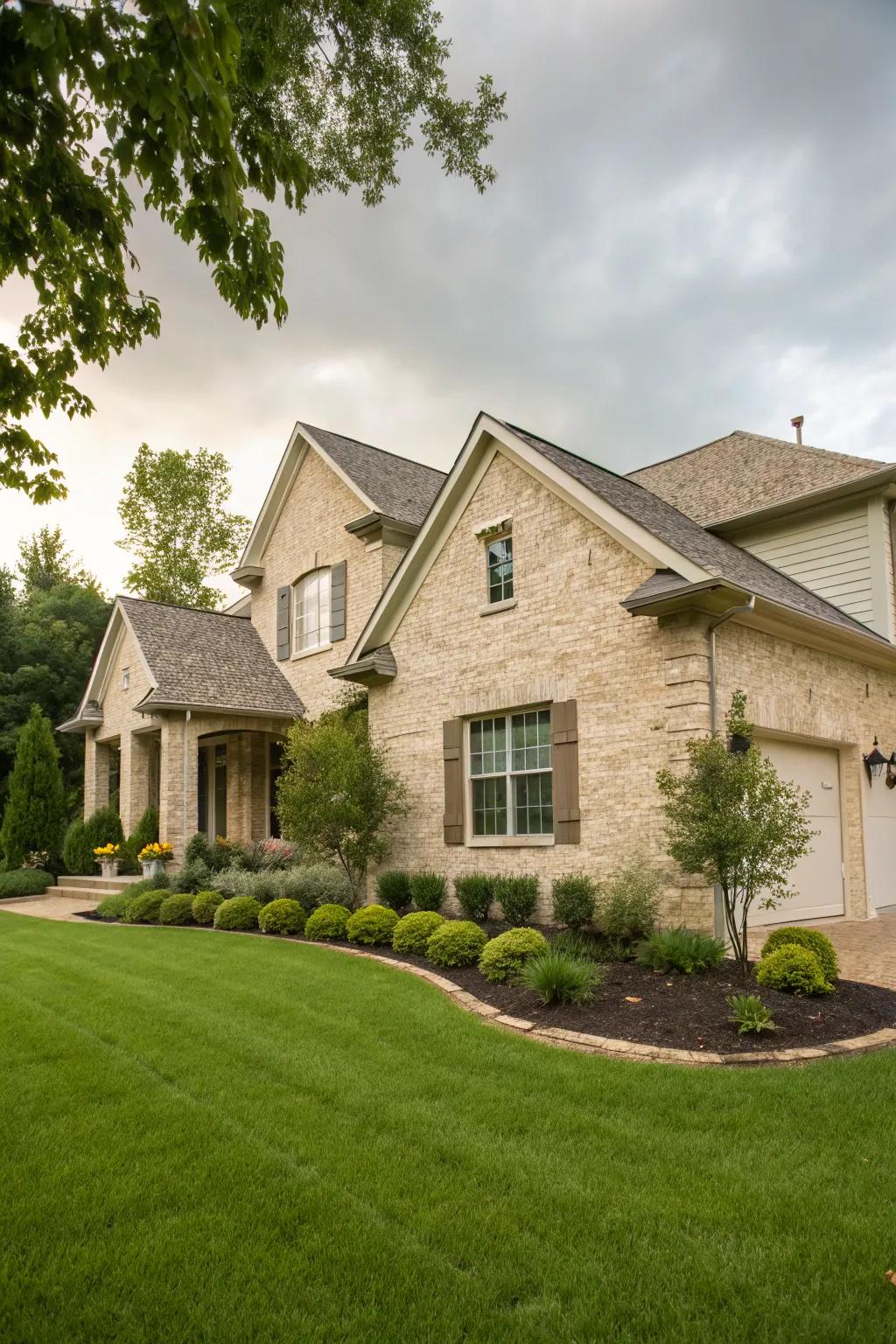 Organic harmony with fawn brick and pale granite.
