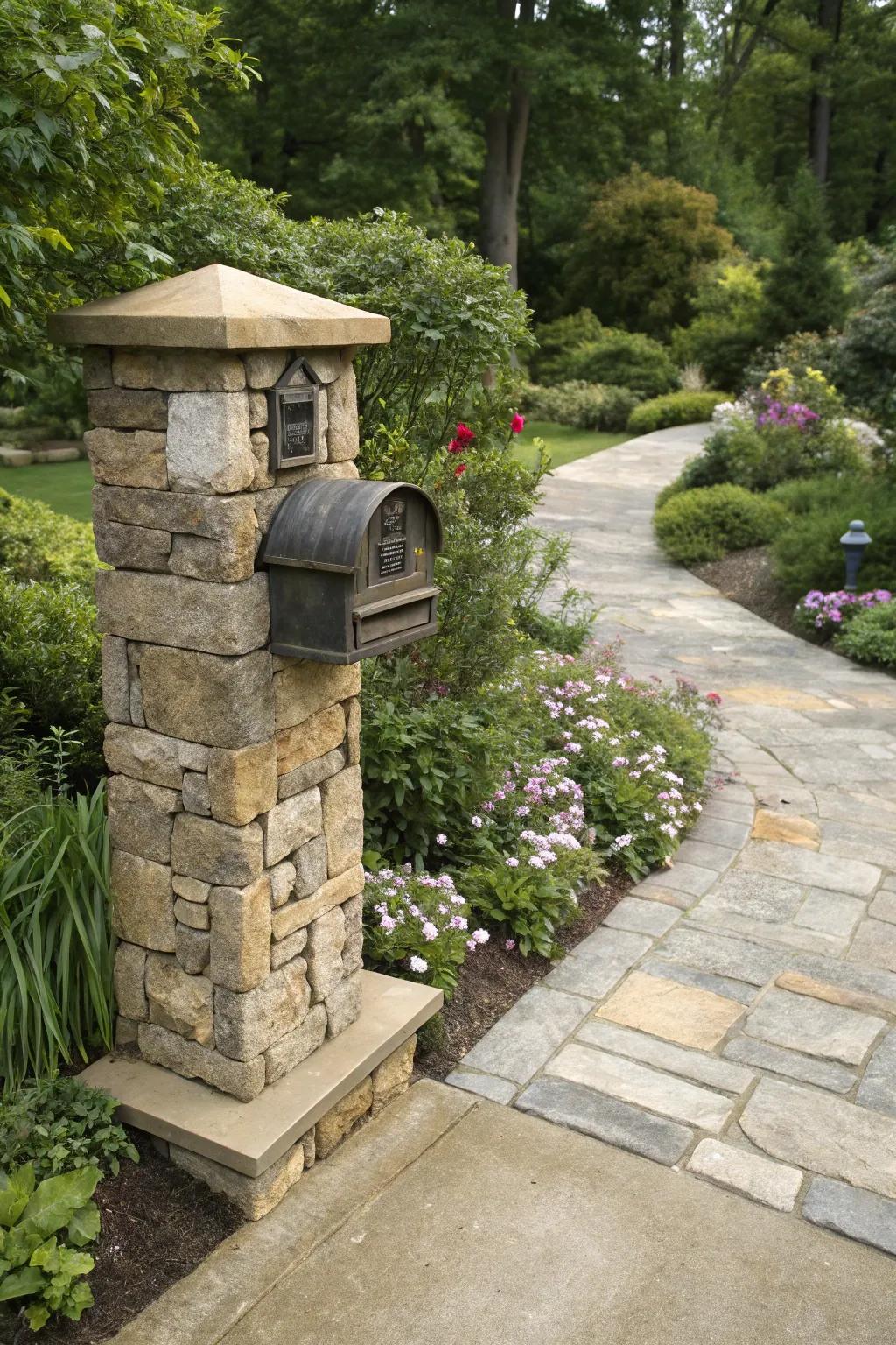 A stone mailbox pillar that blends perfectly with garden elements.