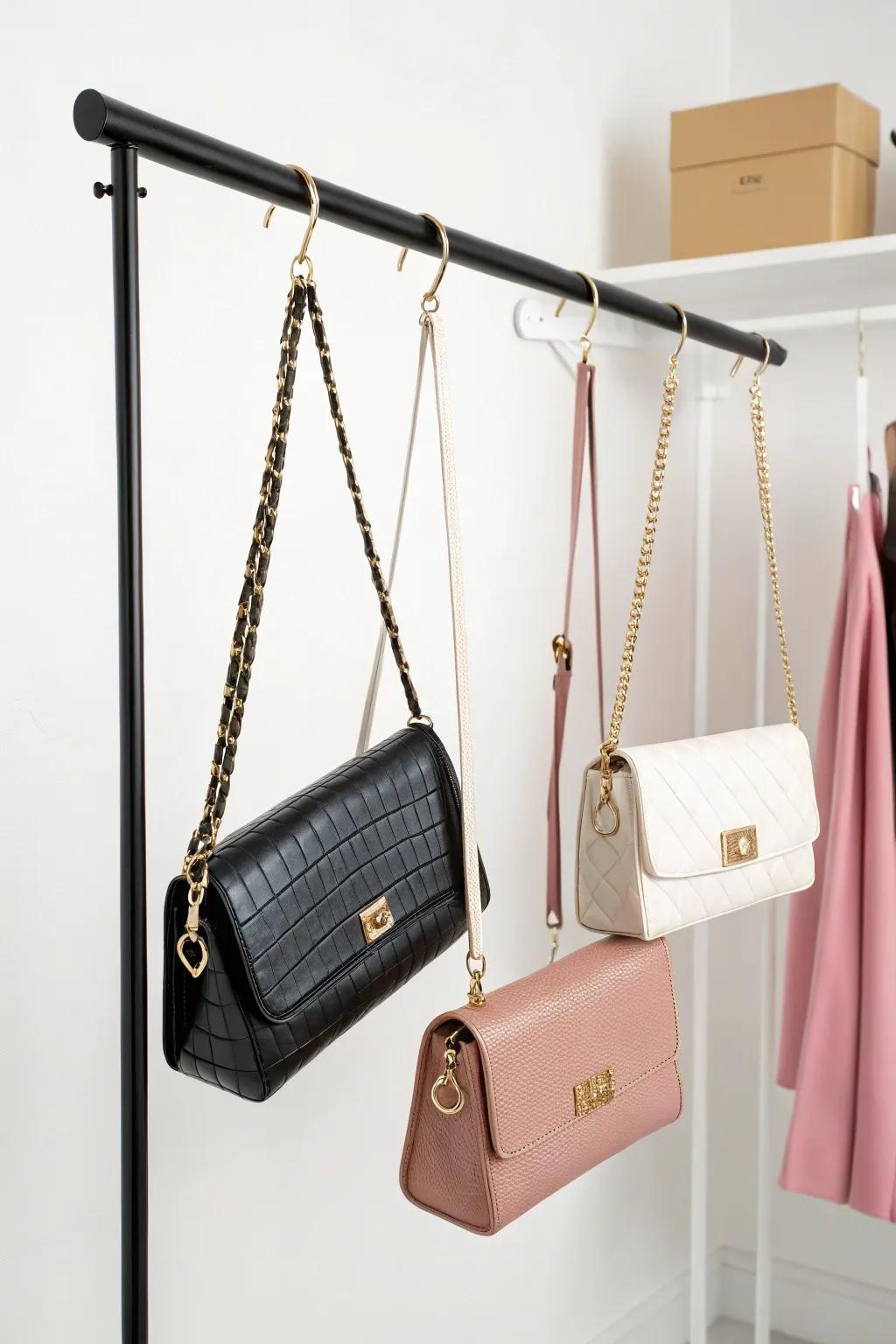 Minimalist hanging rod used for handbag display.