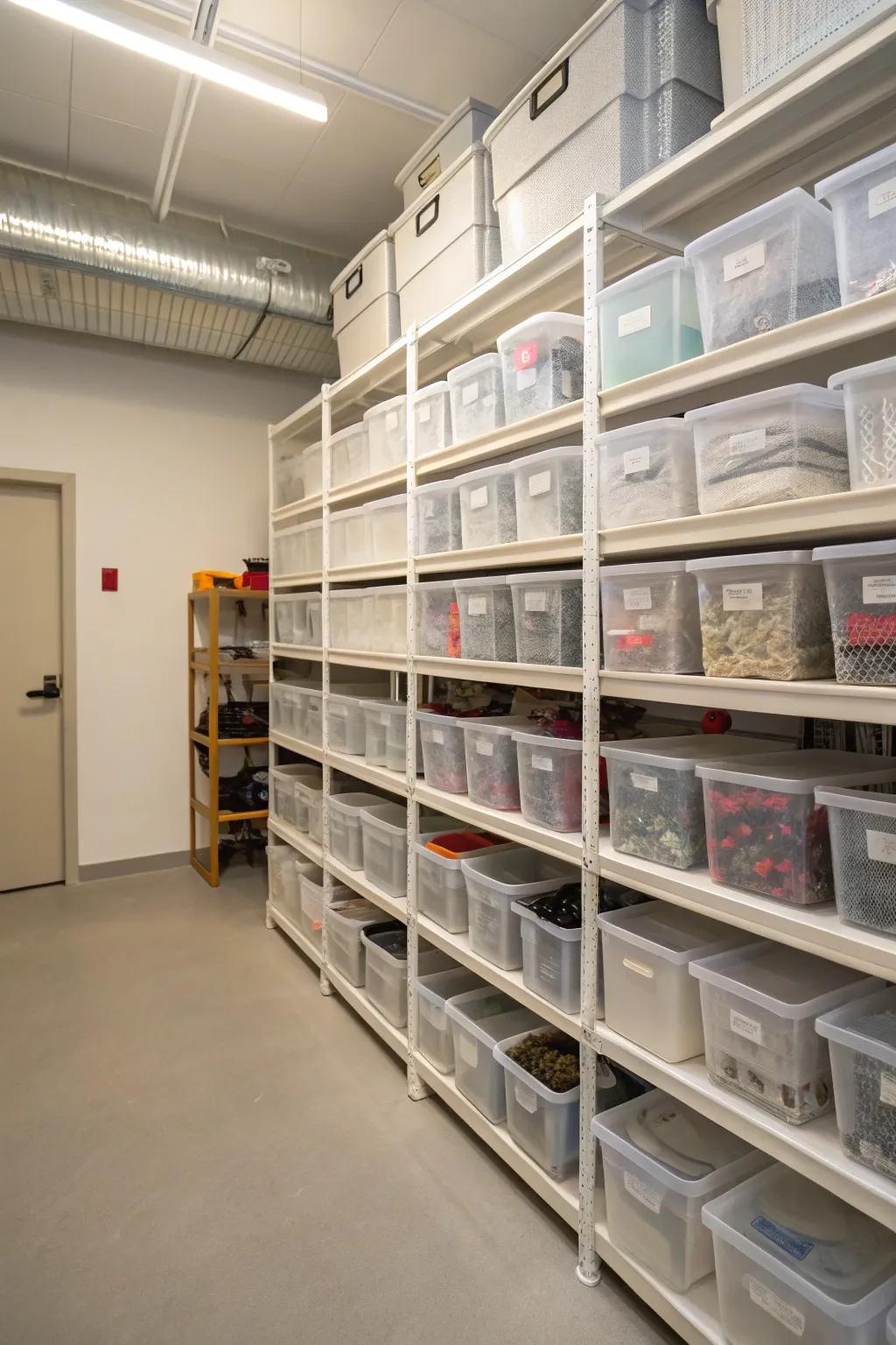 Clear containers make it easy to identify stored items.