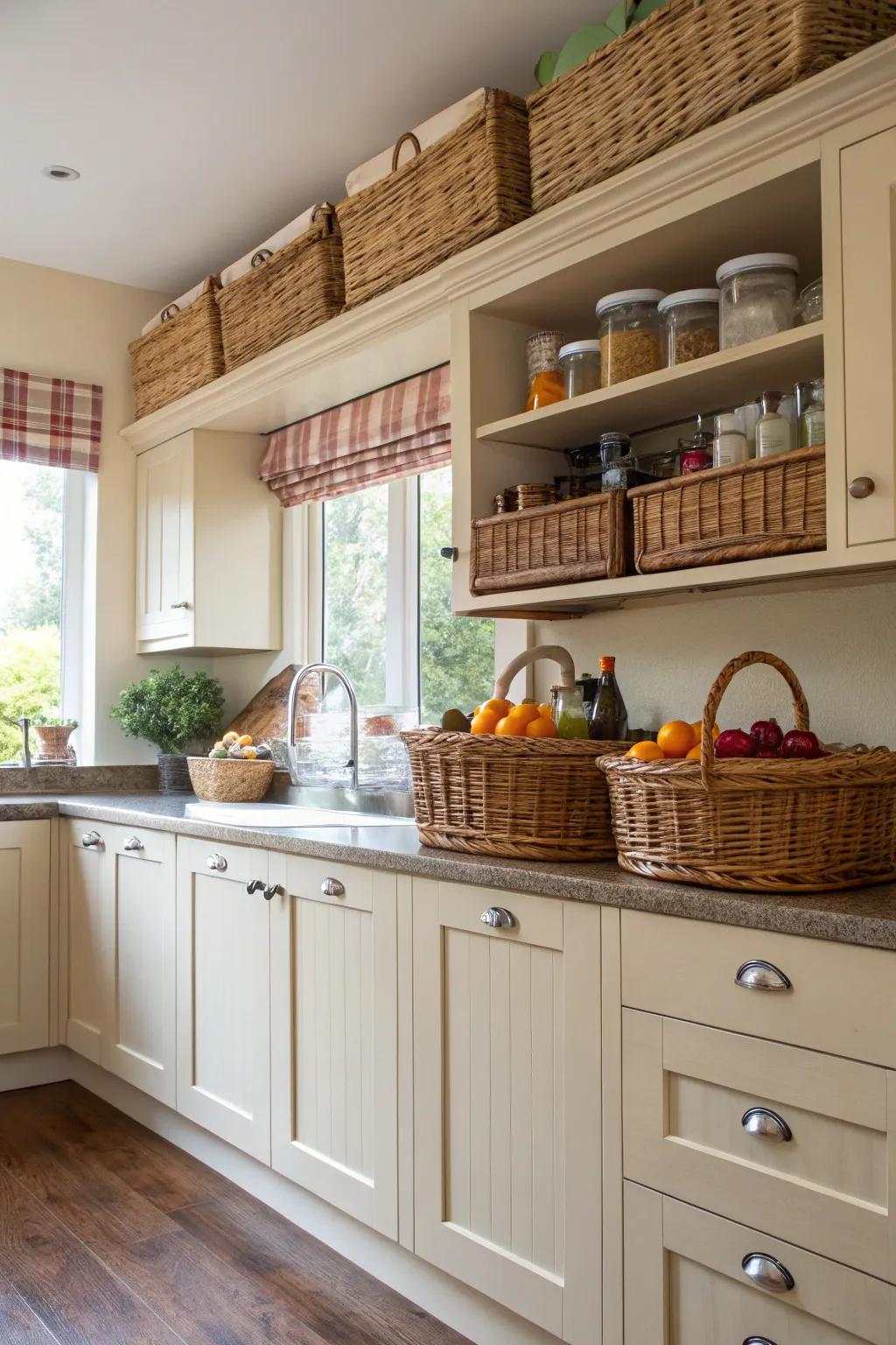 Utilize the area above cabinets with ornamental baskets.