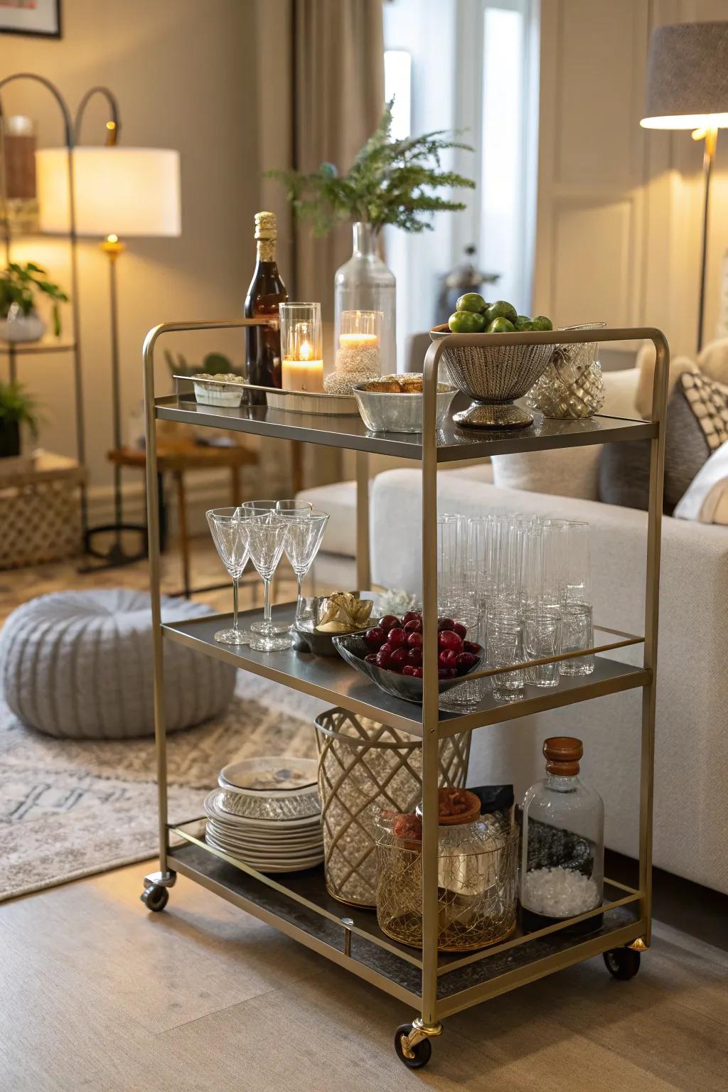 Stylish trolleys function as both storage and serving areas.