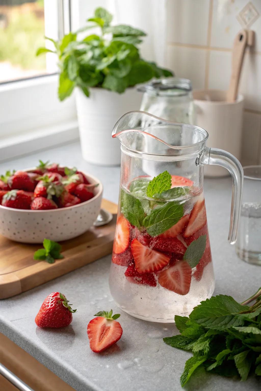 A refreshing pitcher of strawberry-infused water for a naturally sweetened drink.