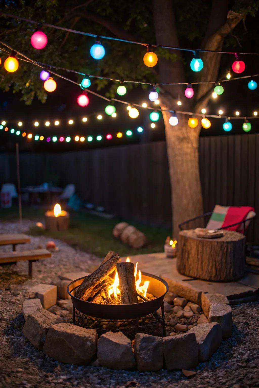 Multihued twinkle garlands fashion a celebratory and vibrant atmosphere.