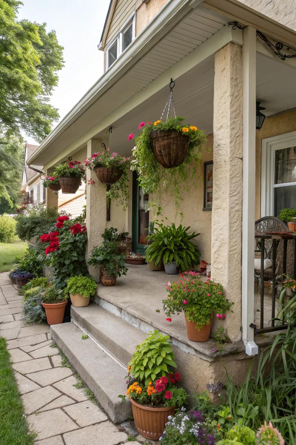 A mini garden oasis on the stucco porch creates a rich retreat.