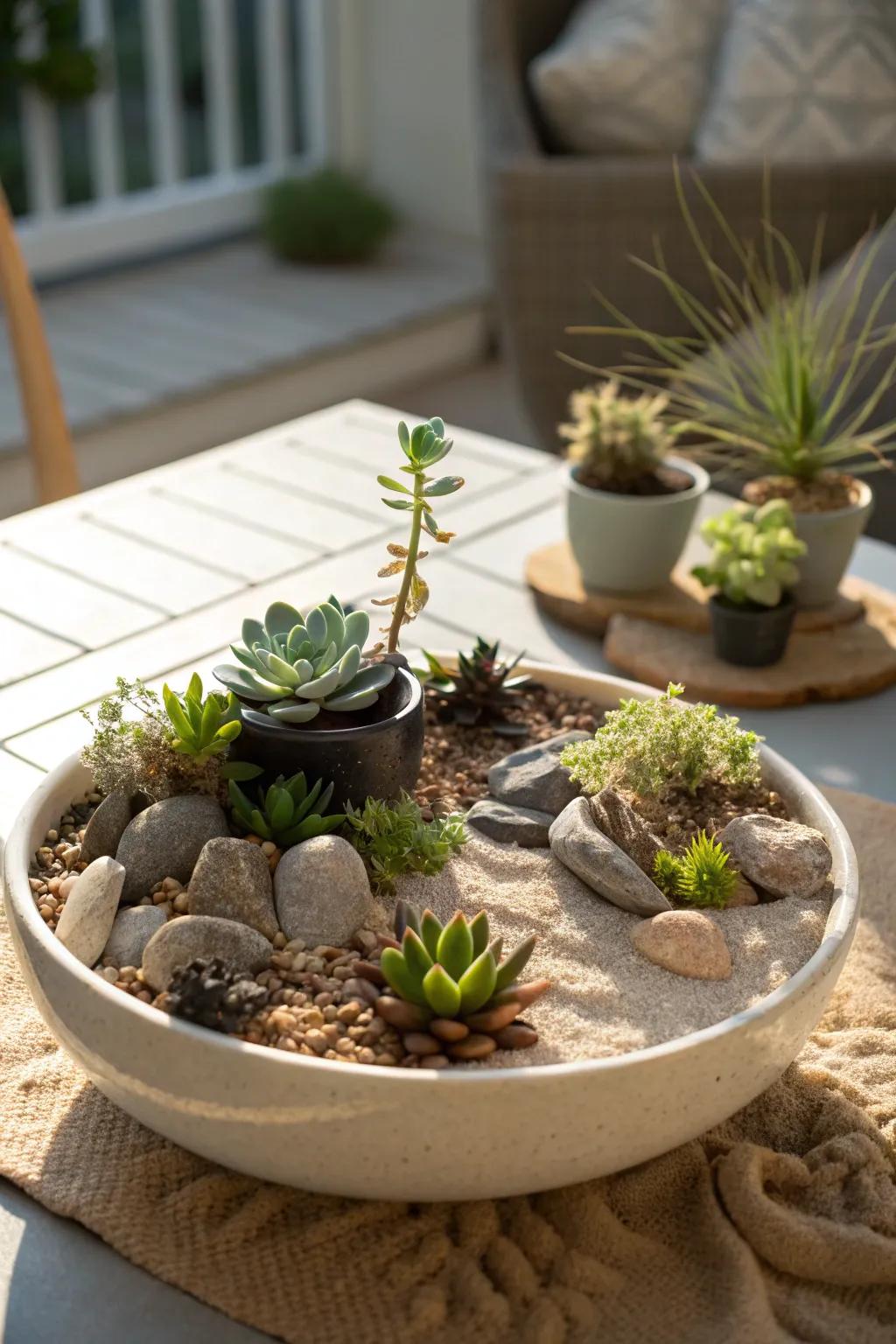 A desert-inspired succulent garden featuring sand and stones.