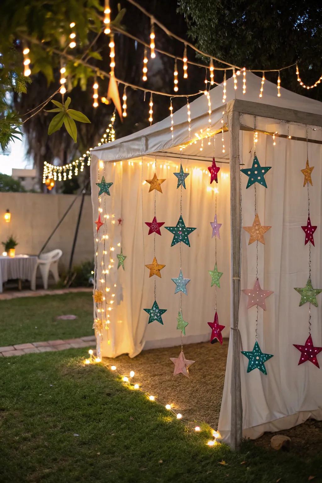 A whimsical sukkah featuring suspended star adornments that shimmer.