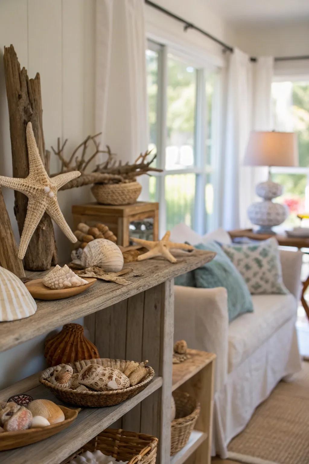 Natural elements such as seashells and driftwood personalize the decor.