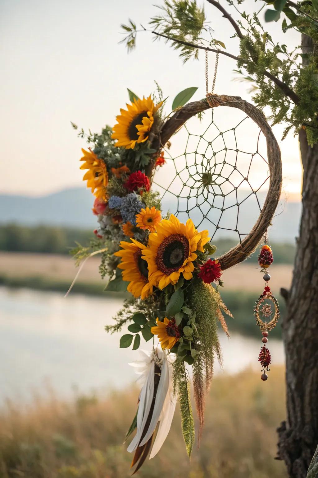 Dreamy boho vibes with a sunflower dreamcatcher garland.