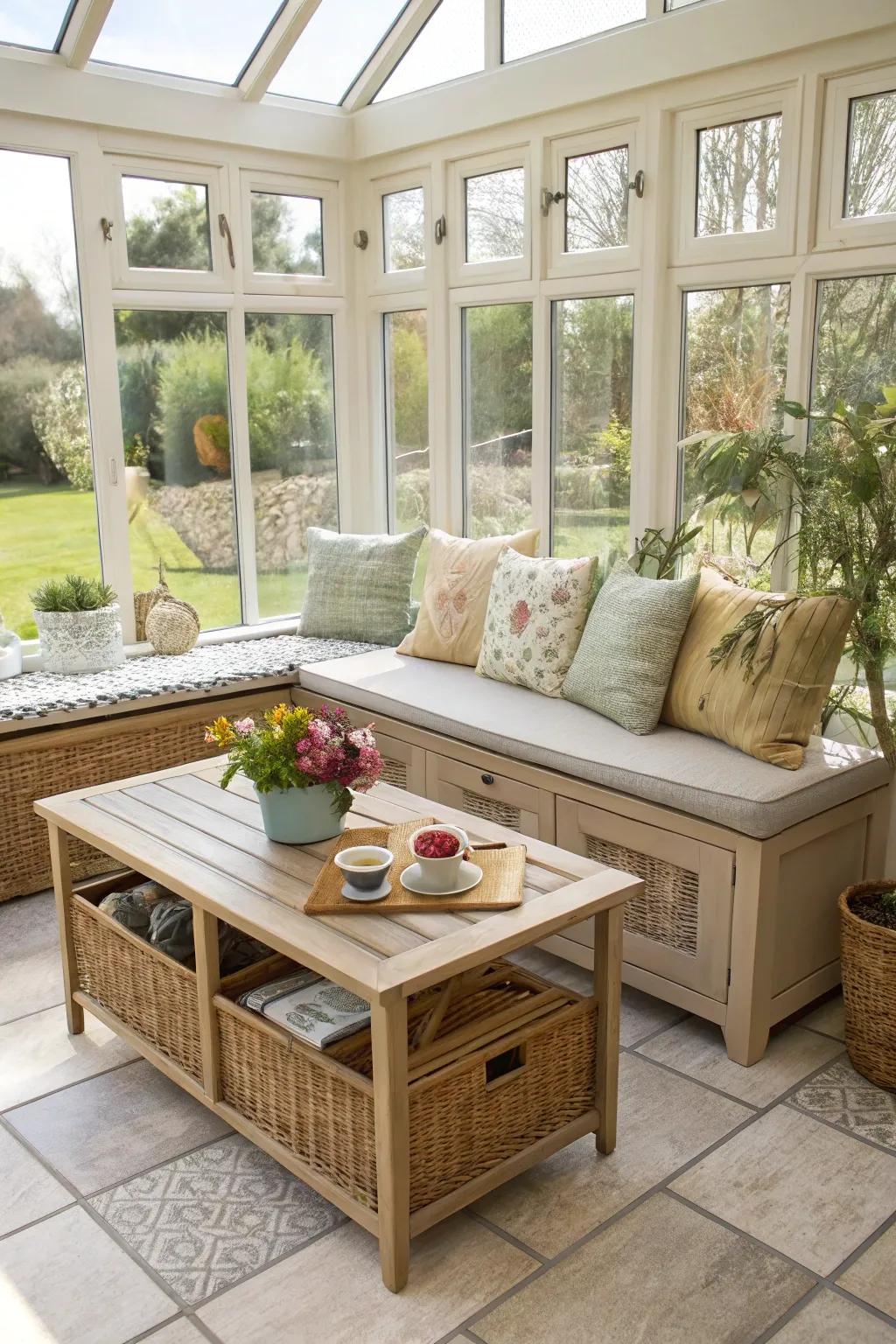 Multi-function furniture elevates the practicality of the sunroom.