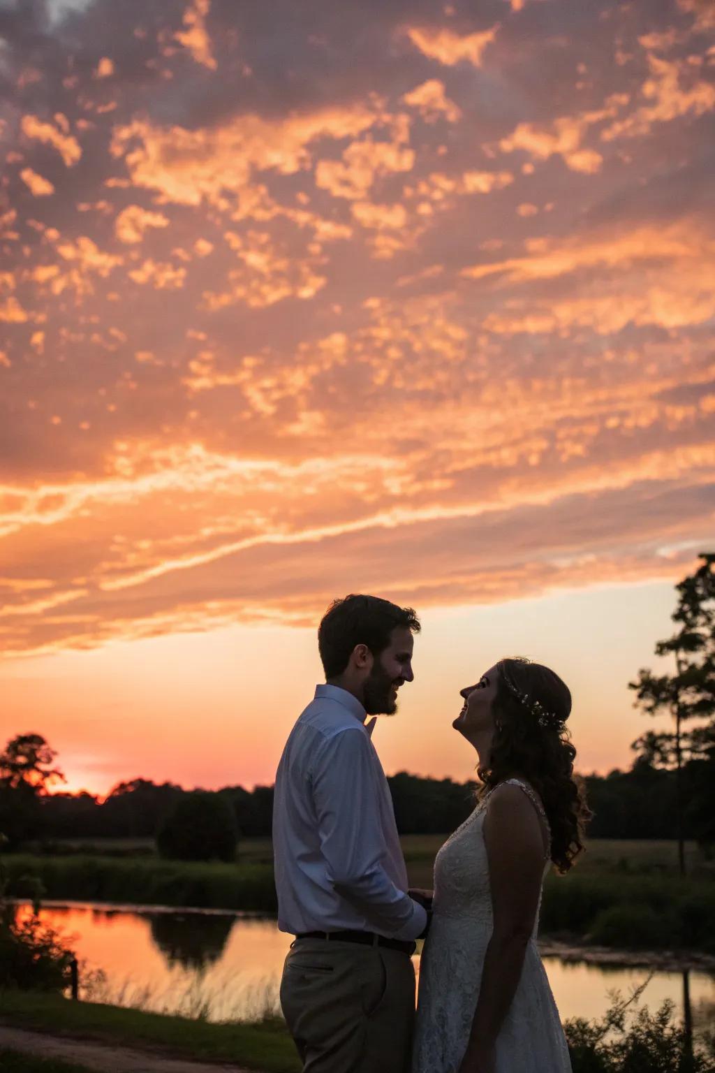 A couple during a 'first glimpse' session beneath a golden sky.