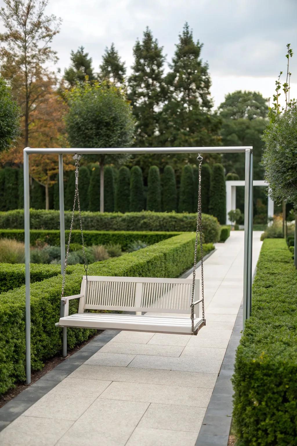 A minimalist metal frame swing imparts contemporary elegance.