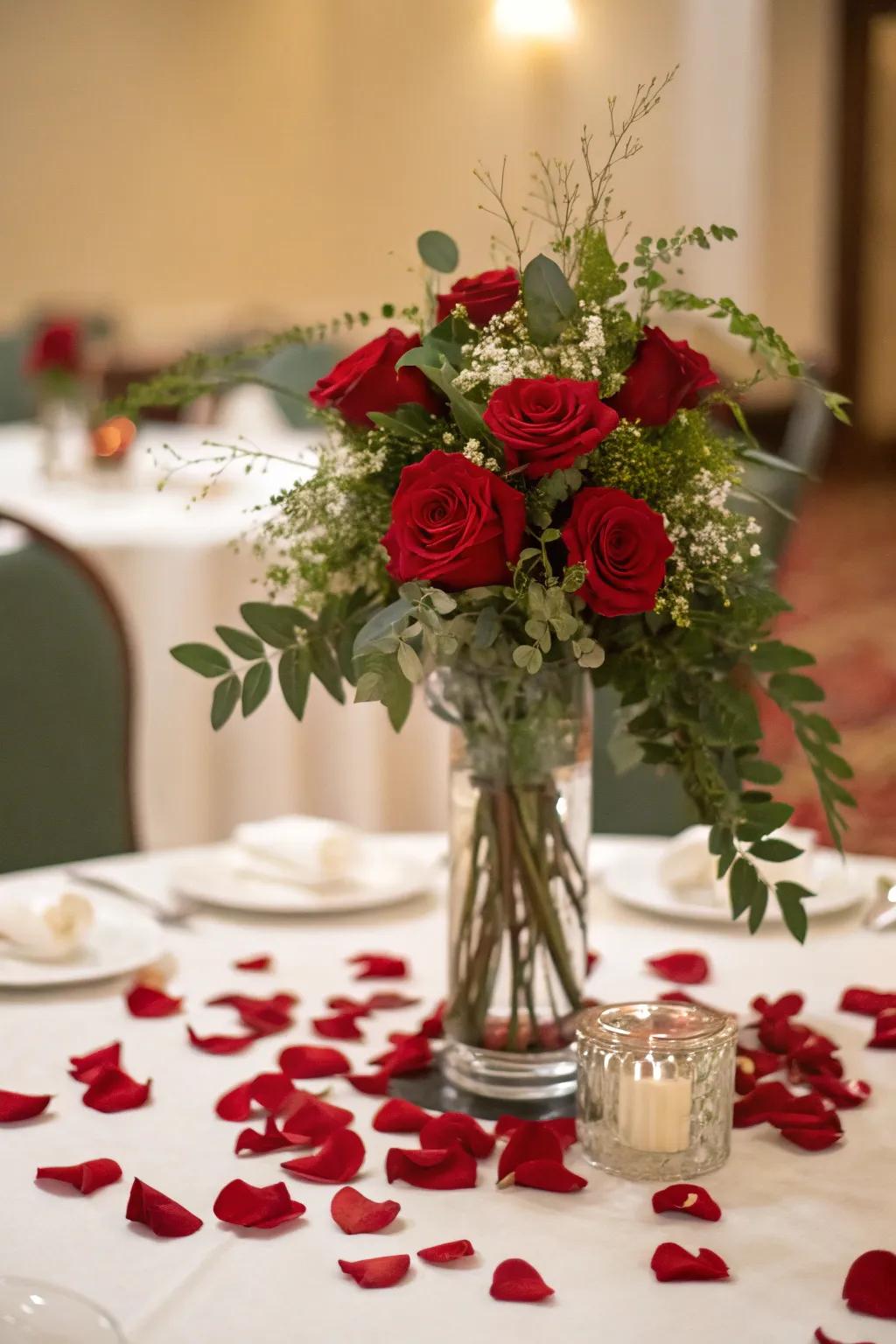 A love-filled centerpiece with rose clippings and floral arrangements.