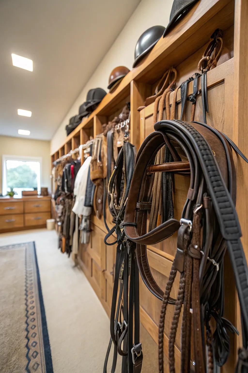 Custom rein racks add elegance and arrangement to a tack room.