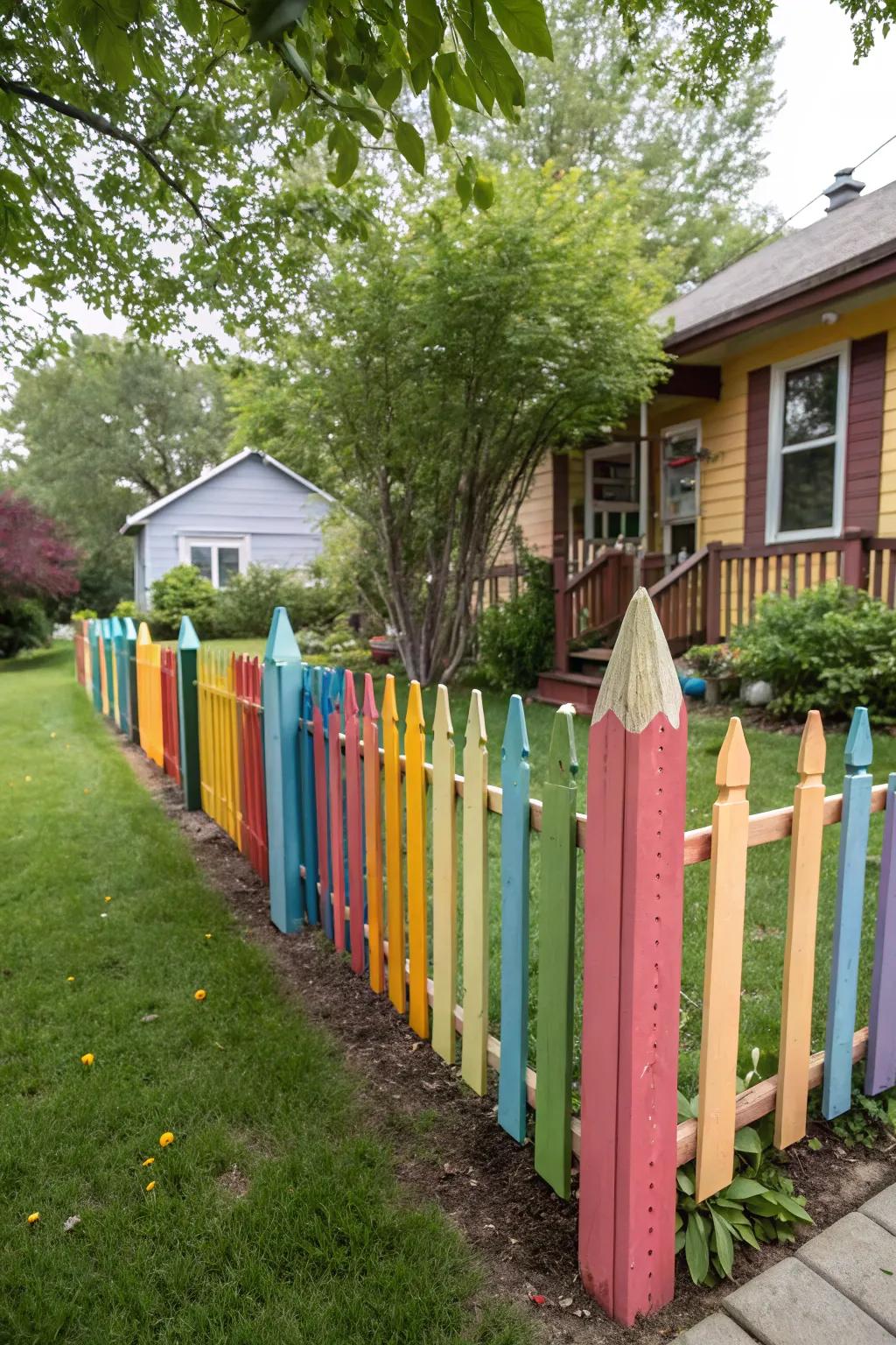 A playful barrier painted to resemble a chain of colored pencils.