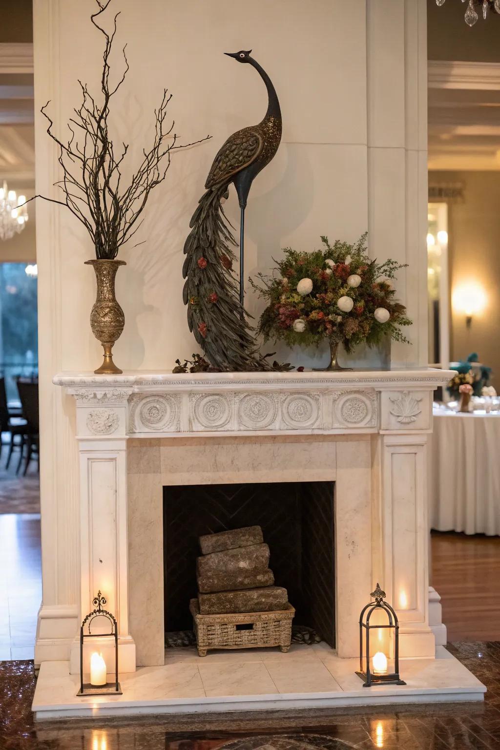 A high mantel featuring a bold sculpture as a central point.