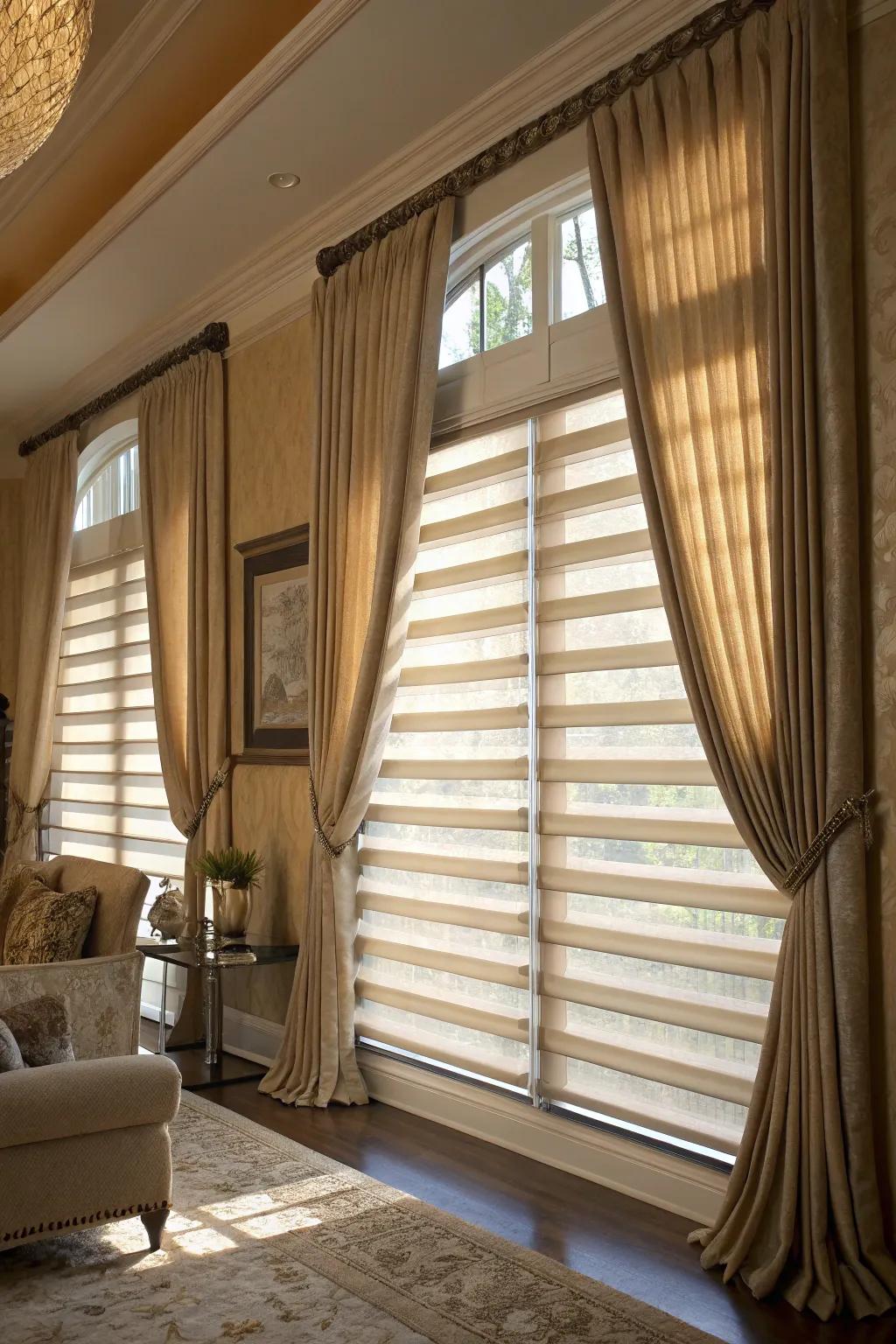 The tan bedroom gains luxury and utility from layered window treatments.