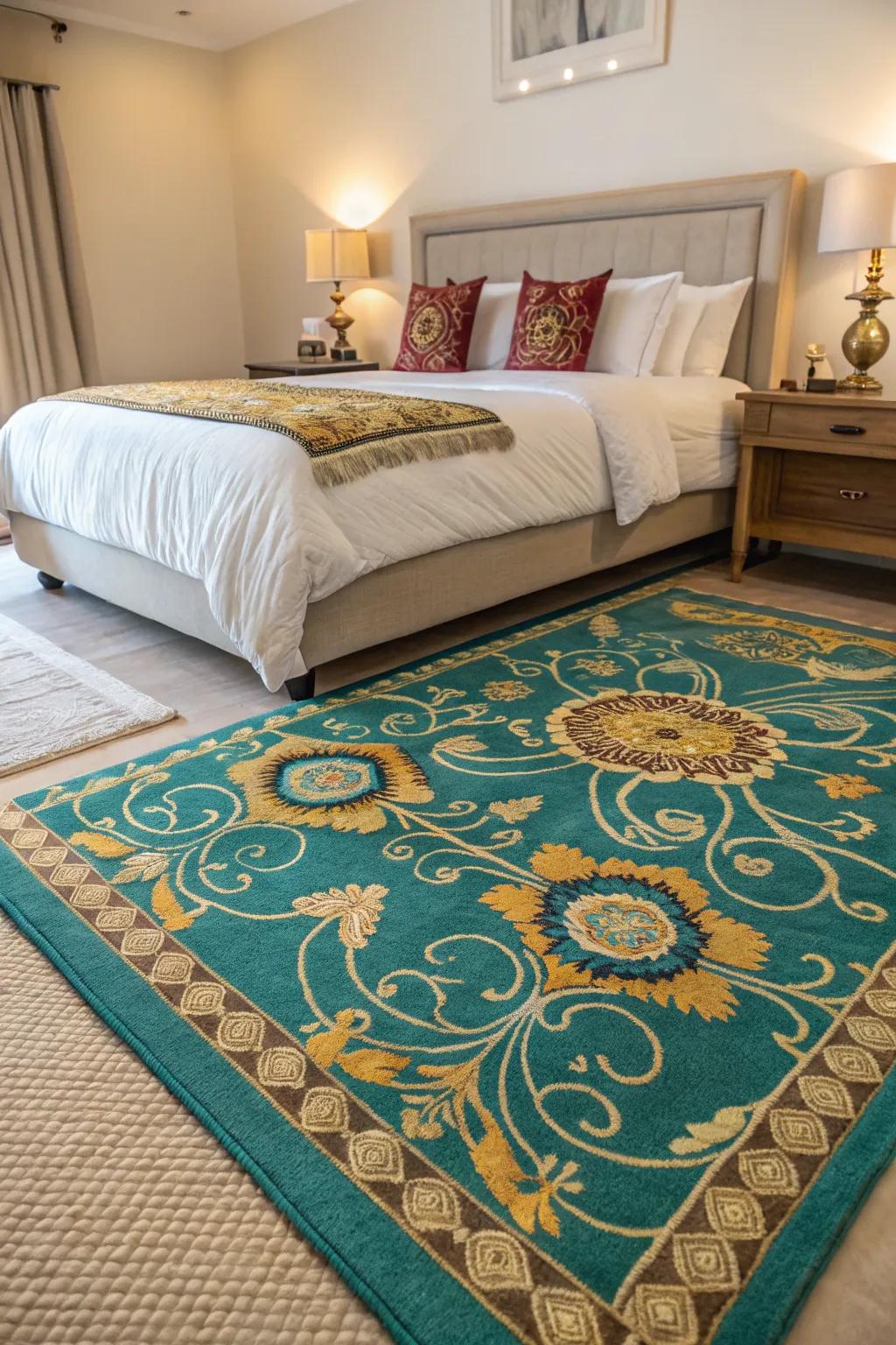 A horizon and gilded floor covering ties the room's color scheme together beautifully.