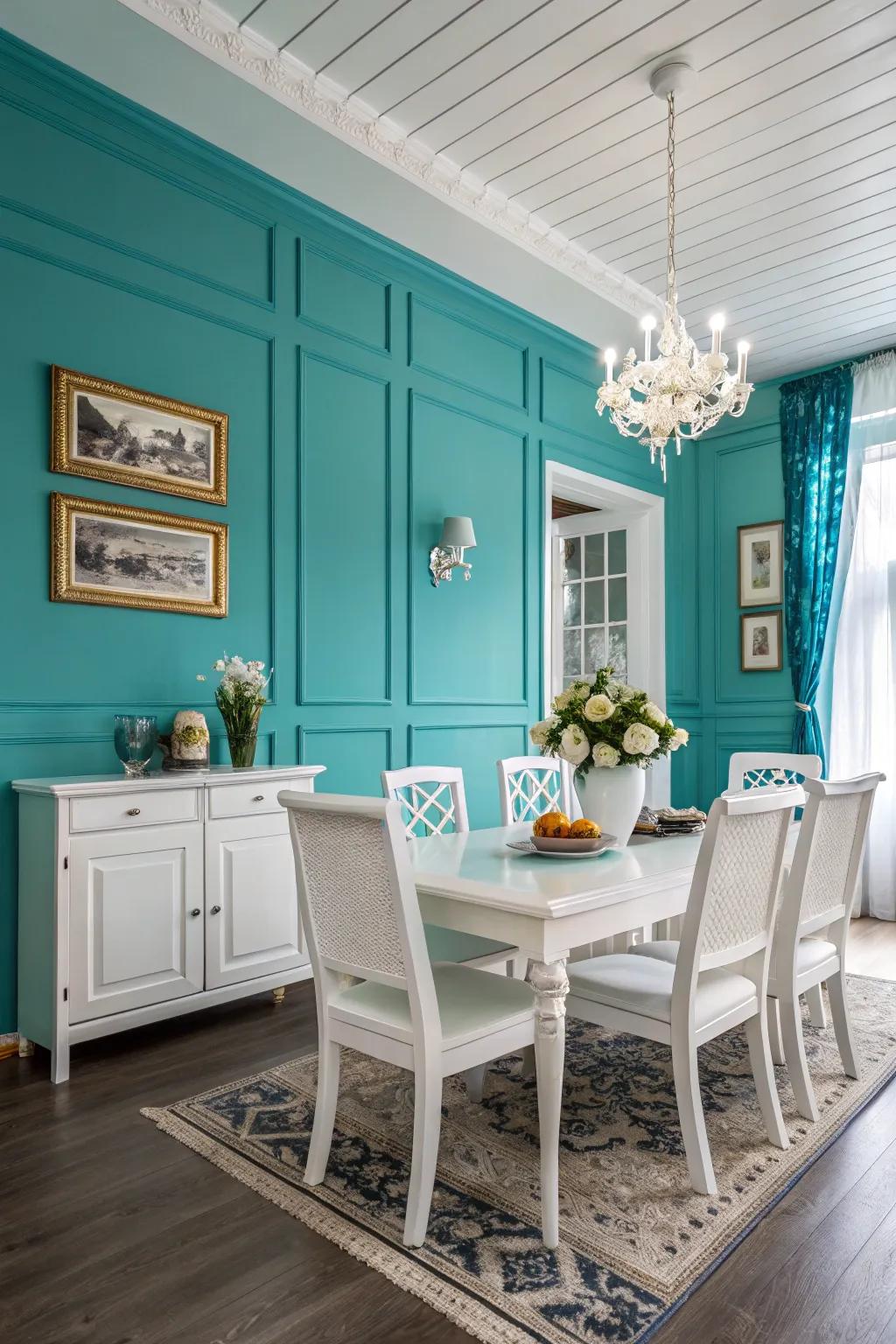 White and azure create a bright, airy dining room