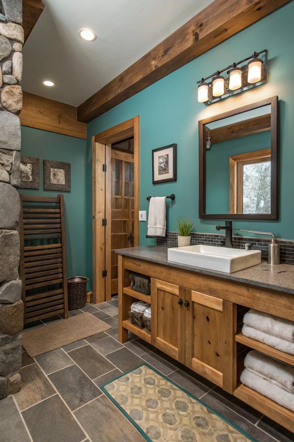 A spa-inspired bathroom ambiance enhanced by teal walls and materials found in nature.