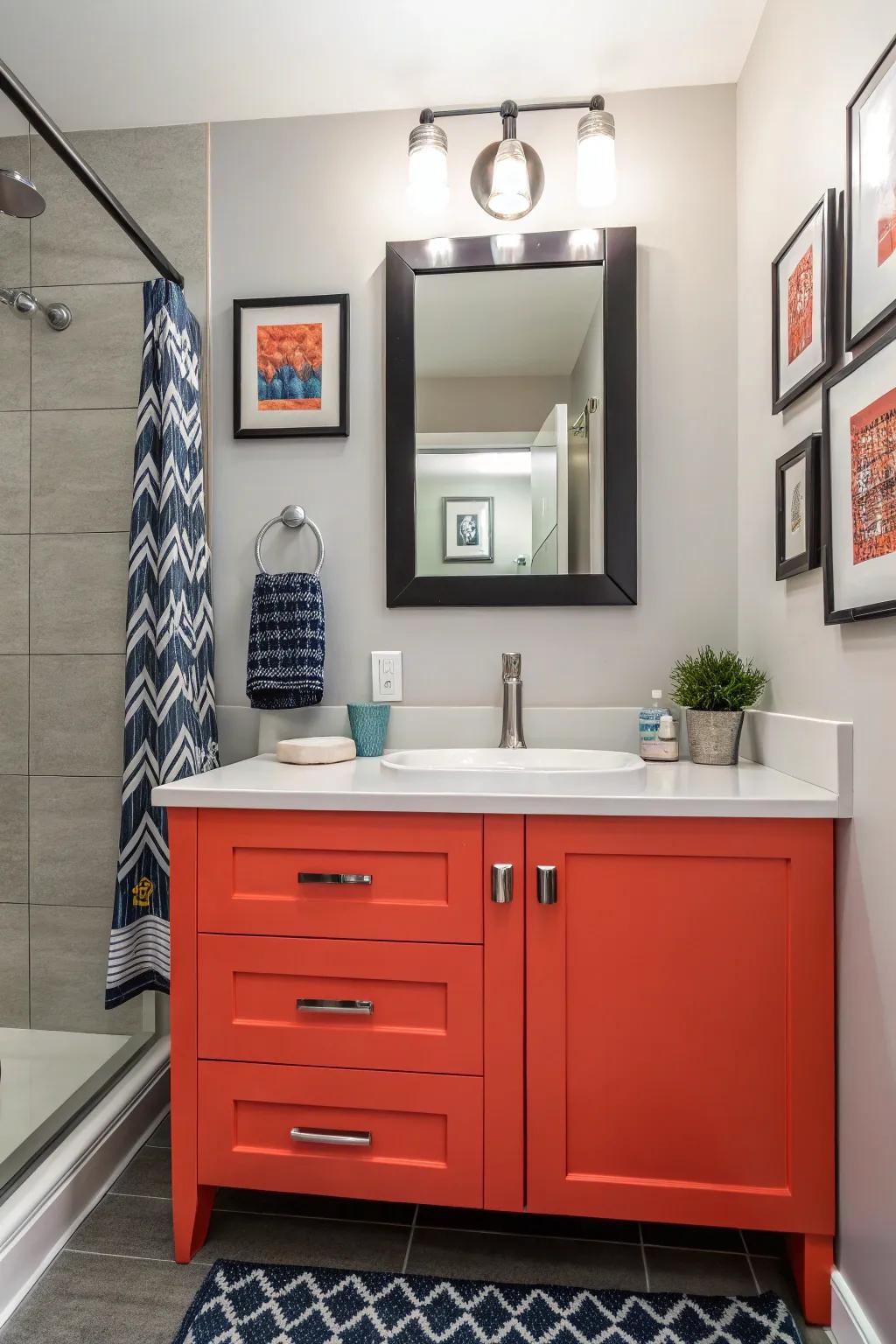 A cabinet that stands out sets the tone for the bathroom's style.