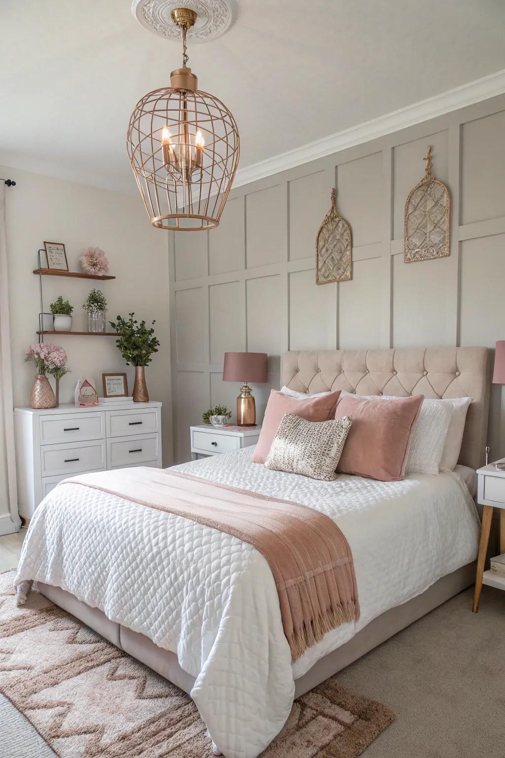 A balanced palette of rose gold and subtle hues exudes sophistication.