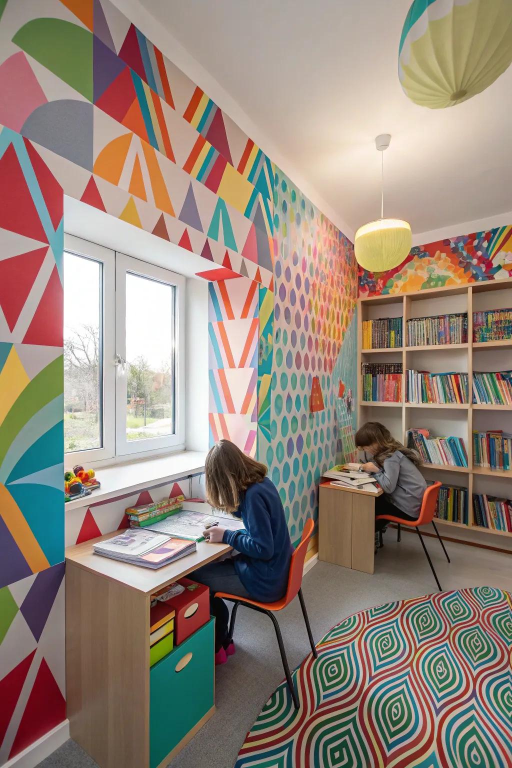 A study room featuring playful wall textures that create visual tricks.