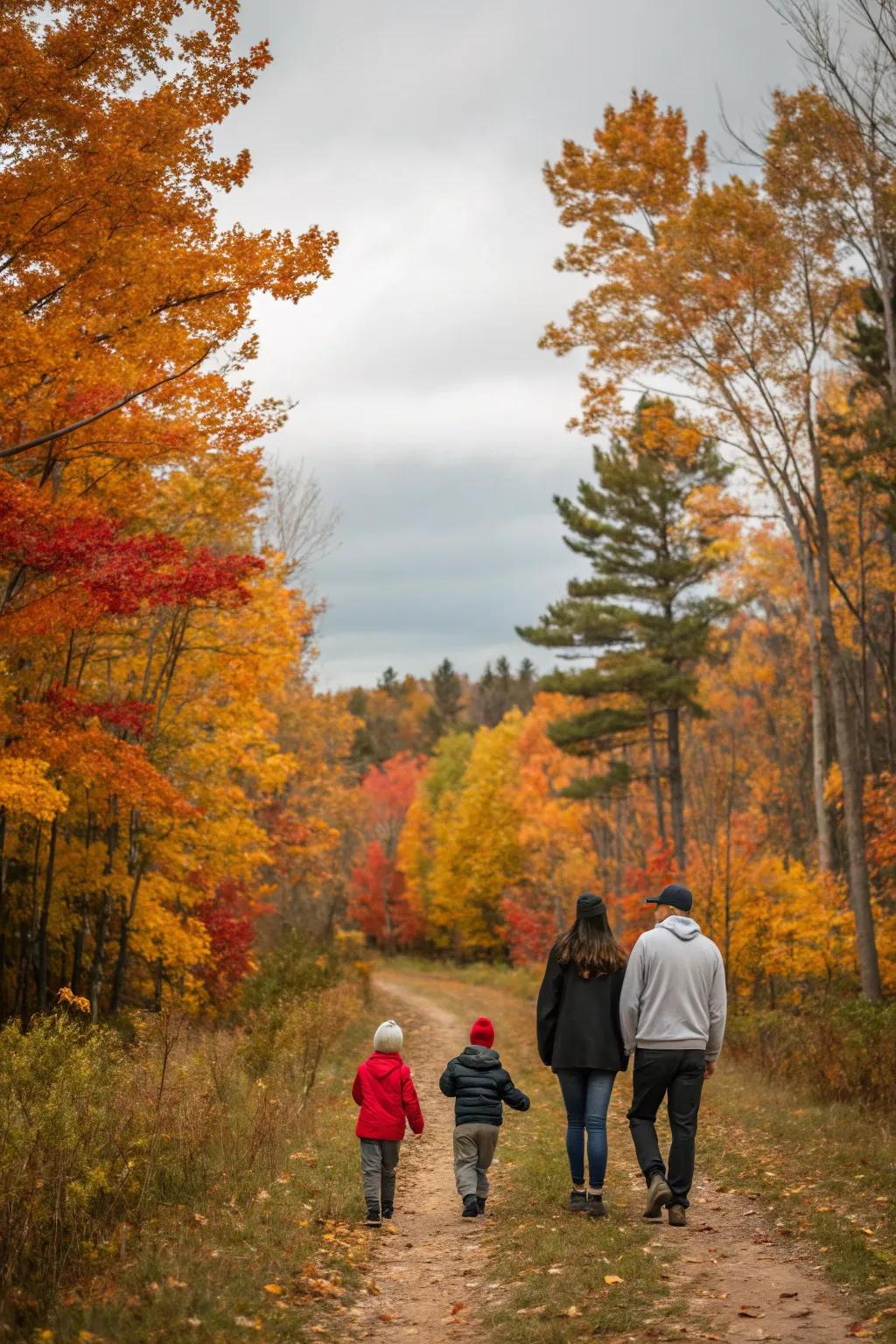 A family enjoying a peaceful outdoor walk amidst autumn splendor.