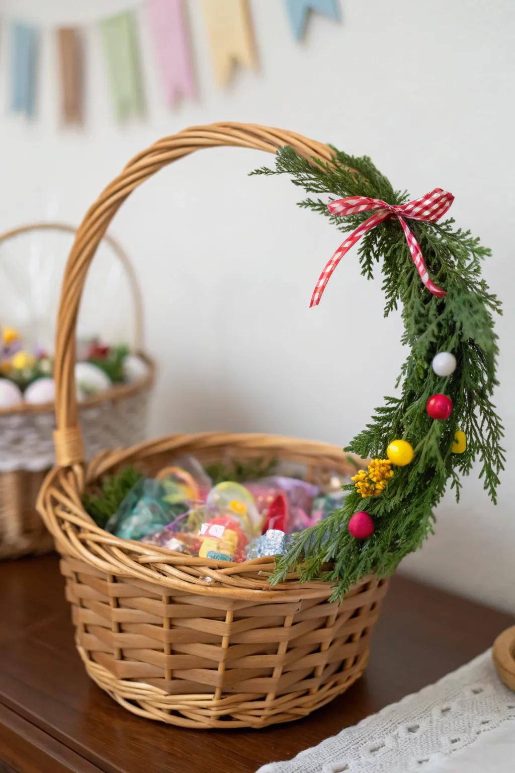 A charming wreath adds festive charm to the basket.