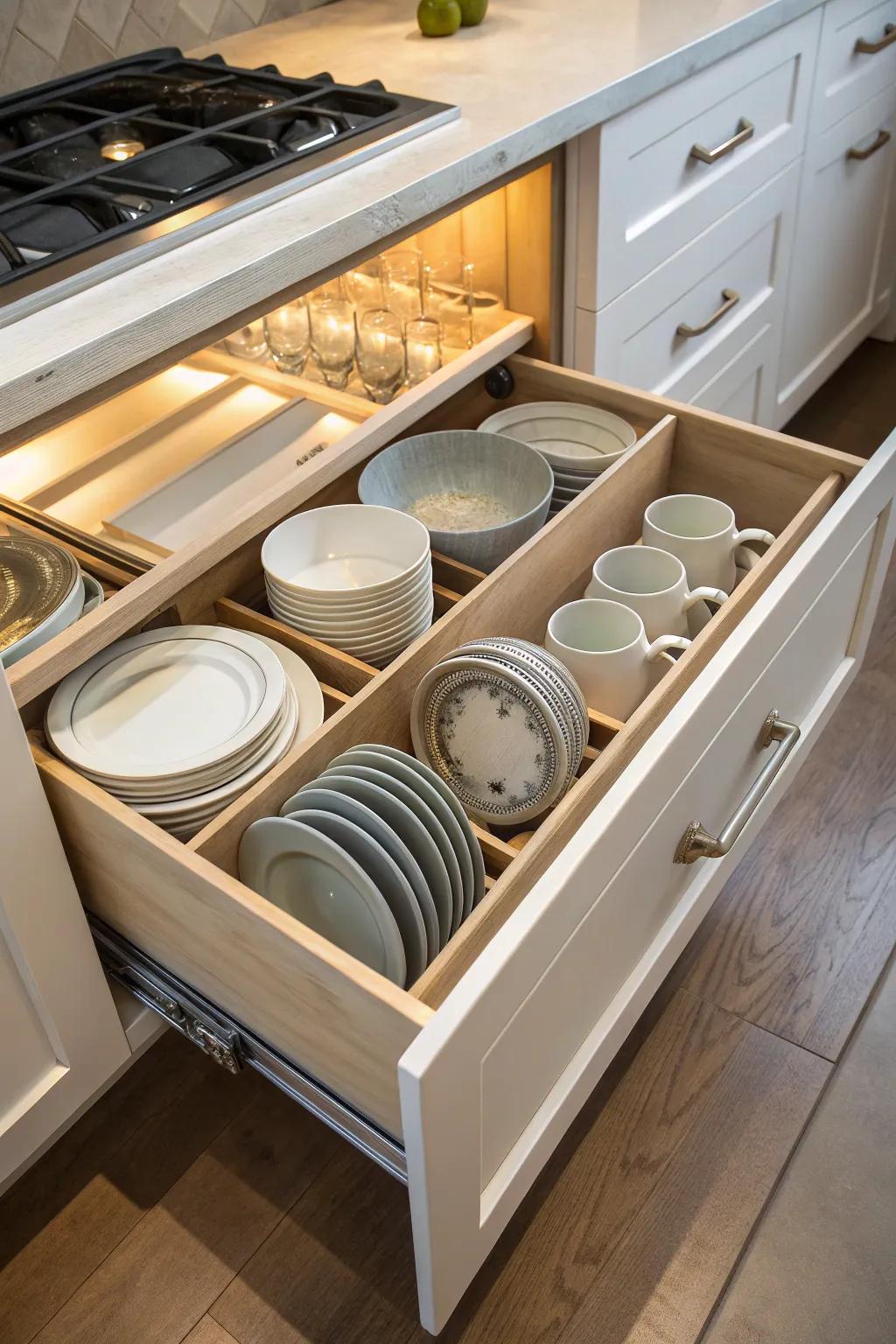 Sturdy dish drawers equipped with adjustable pegs for ease of access.