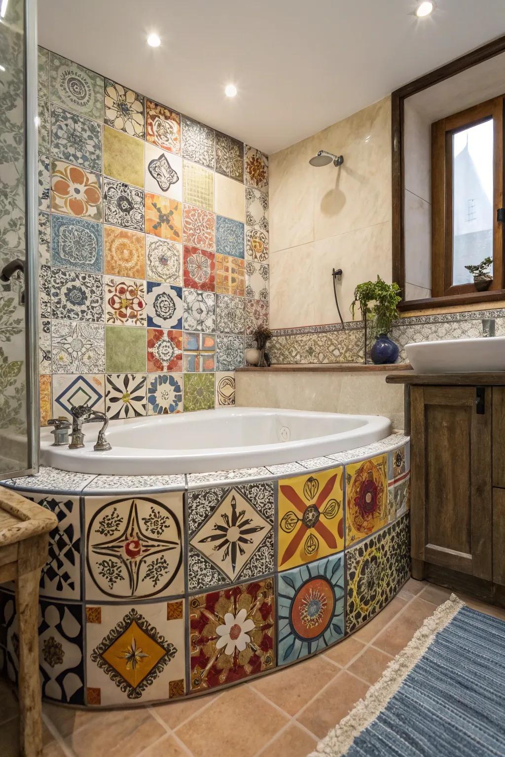 Mixed tiling styles create an eclectic, personalized bathroom.