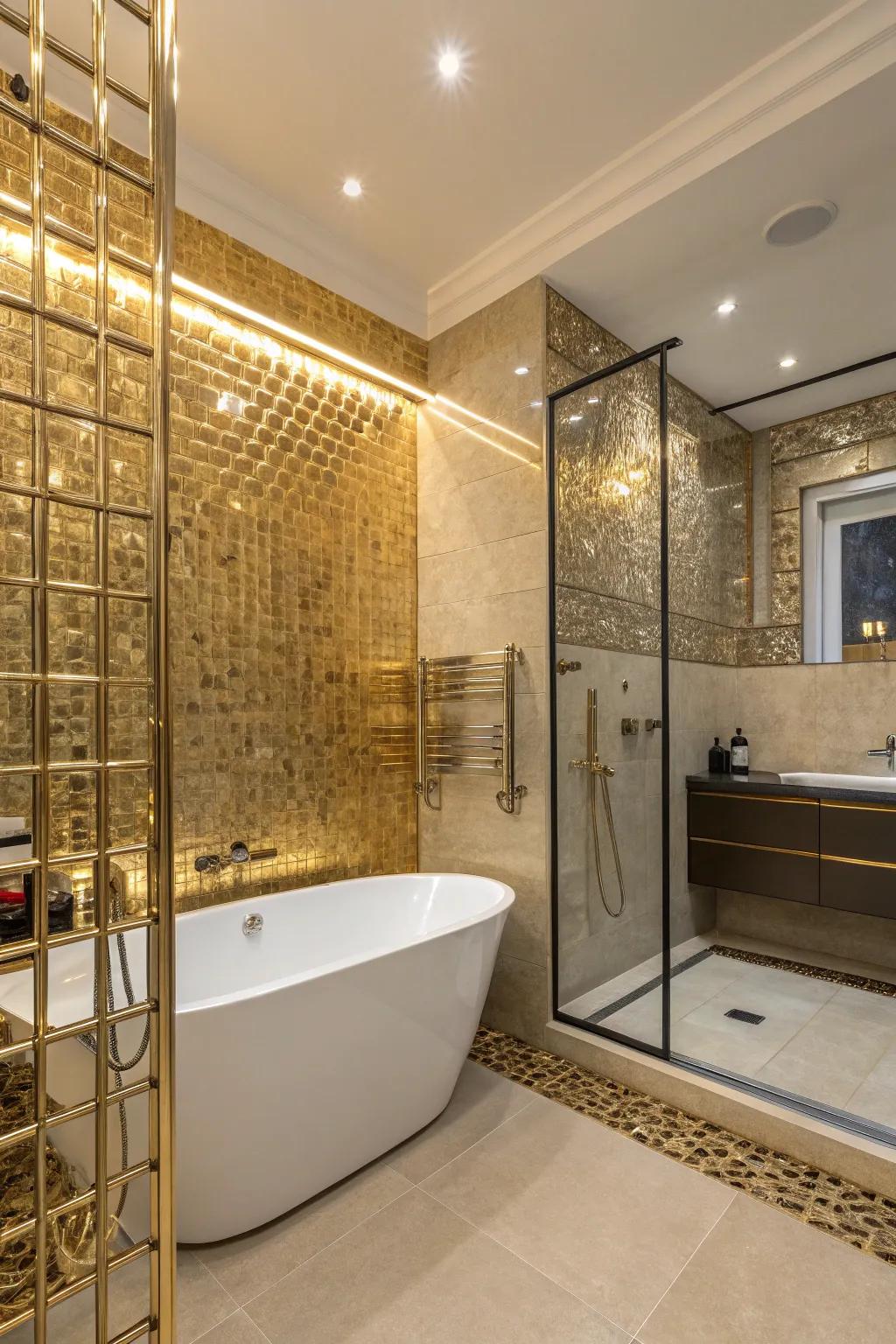 Gilded metallic trims add a hint of luxury and glamour to tiled spaces.
