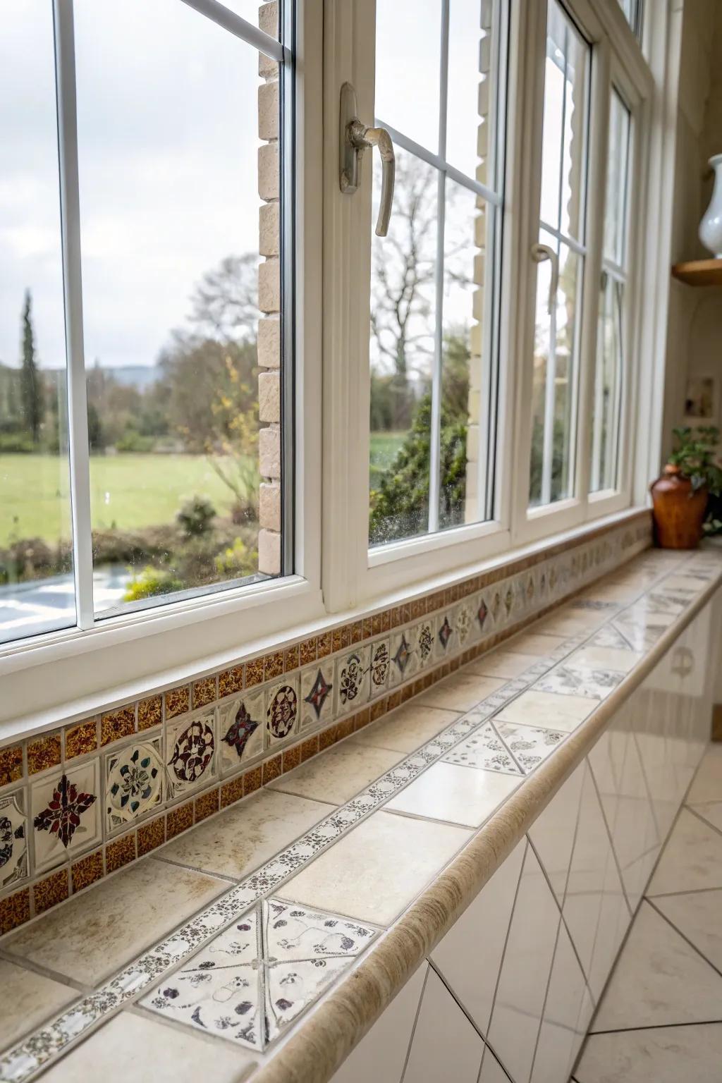 A border of smaller tiles around larger ones adds elegance to this dining room window sill.