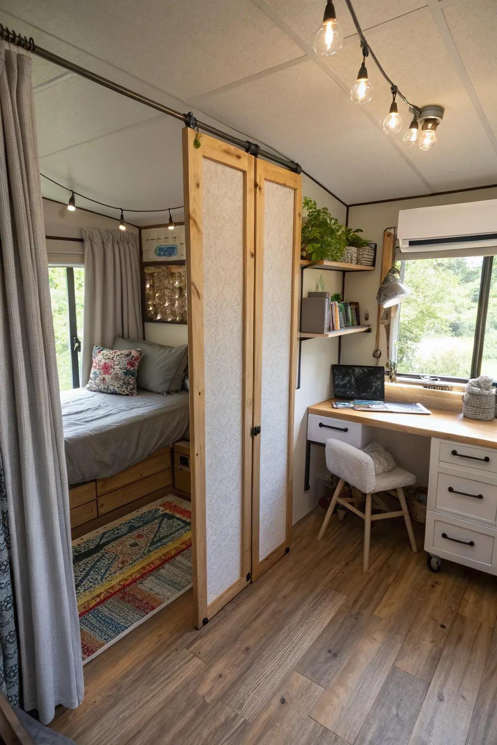 Folding partitions offering flexible space division in the tiny bedroom.