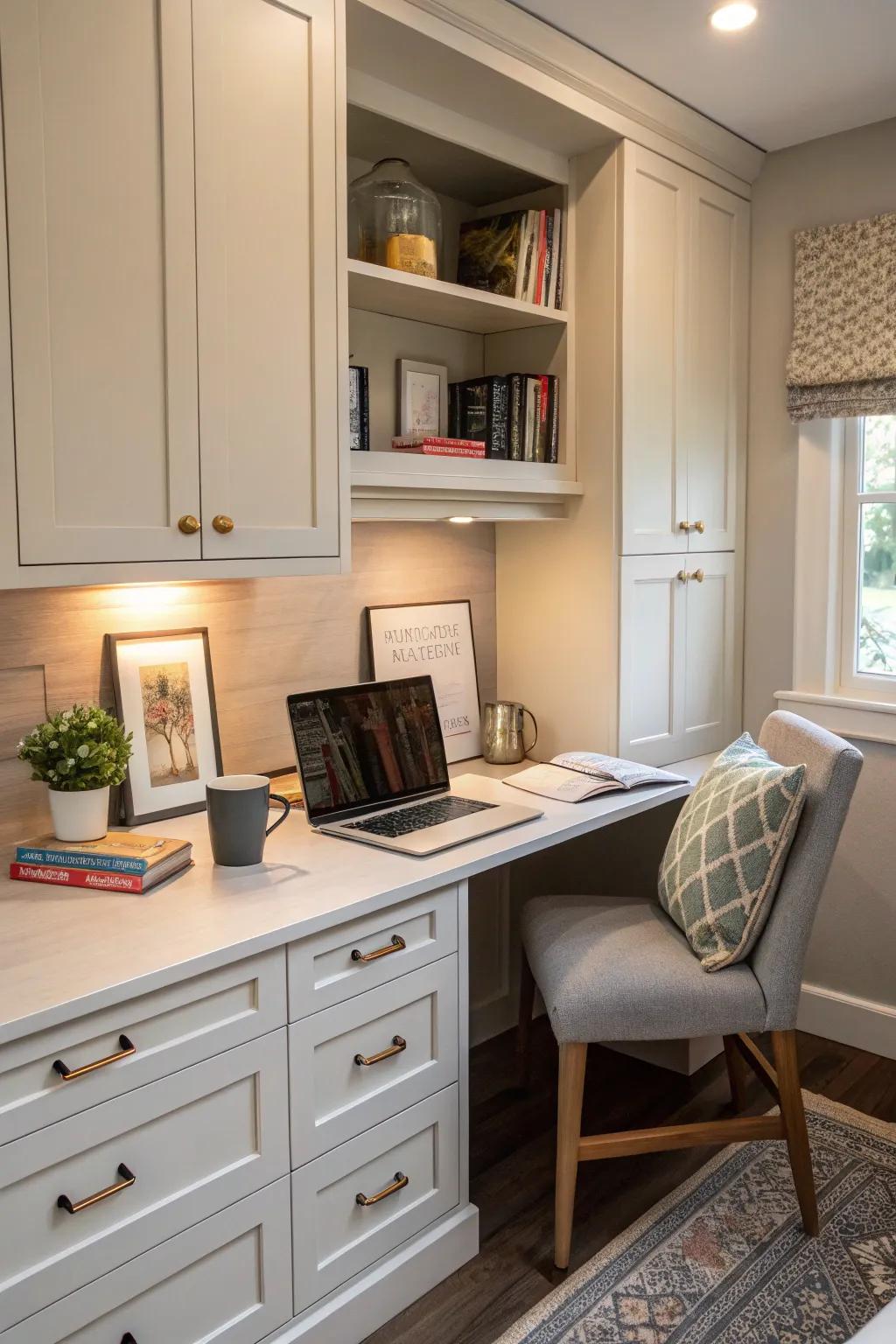 A built-in desk fits into cabinets well for a clean look.