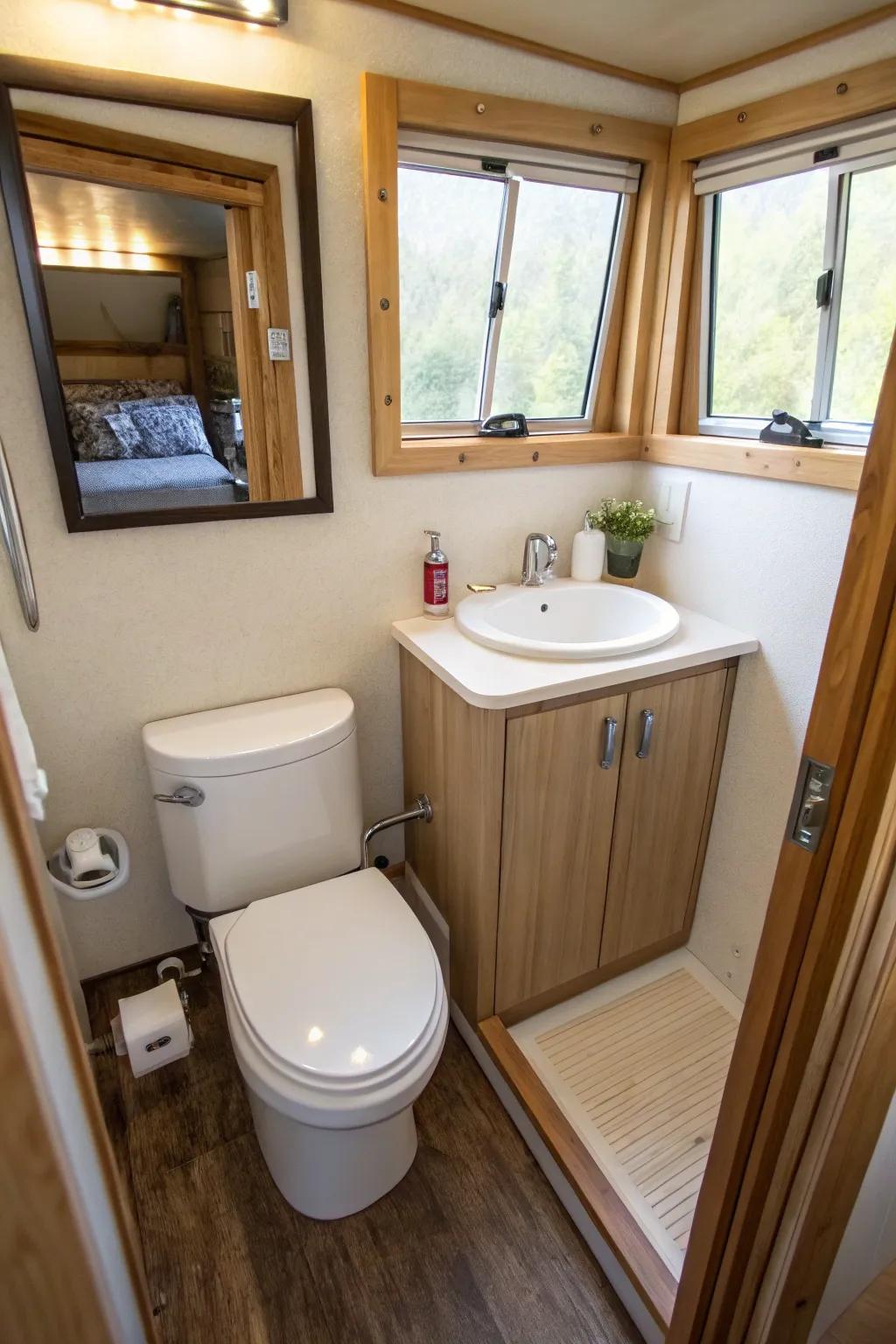 An eco-friendly toilet that saves water in a sustainable small bathroom.