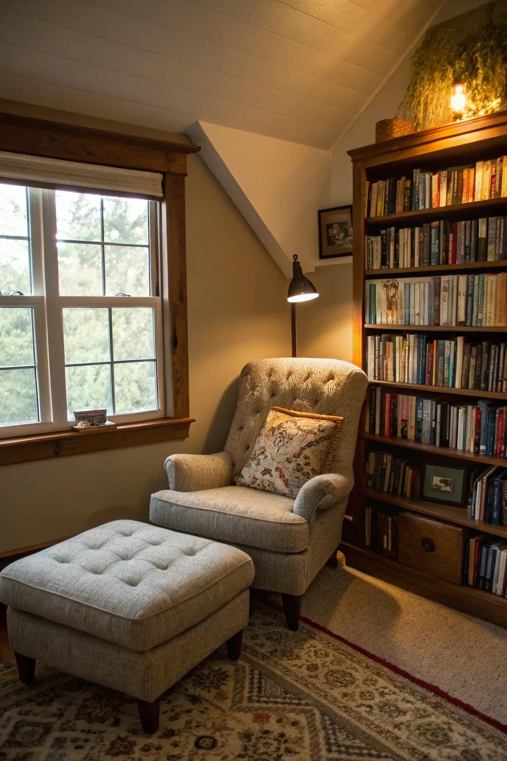 A reading nook offers a quiet retreat in a compact personal haven.
